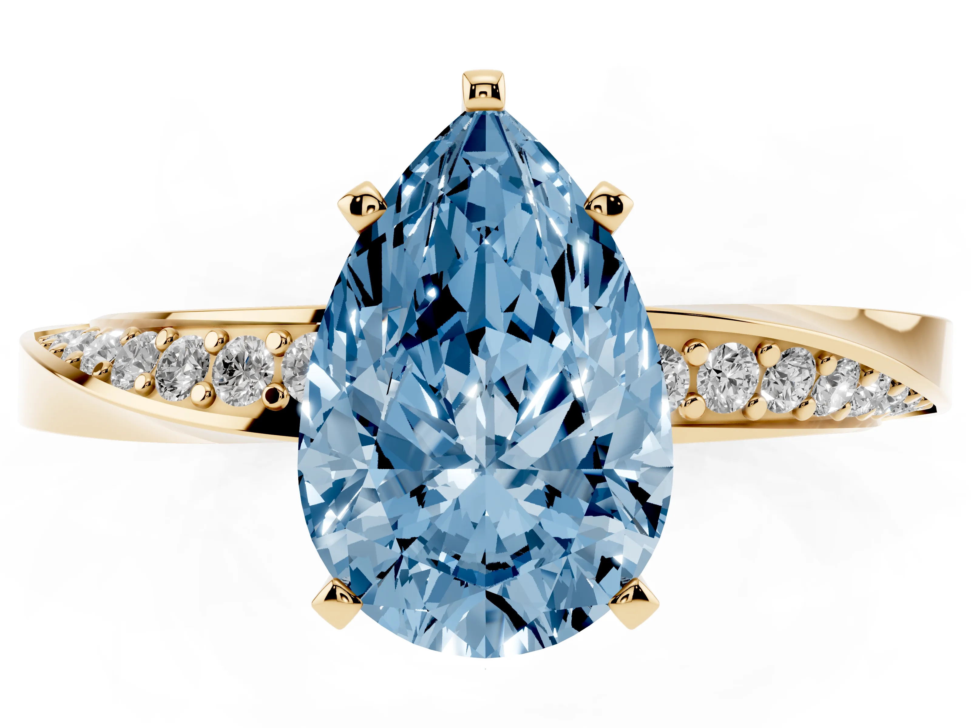 Fancy Blue Pear Cut Diamond Engagement Ring Set in Yellow gold with Side Stone Accents and Prong Setting