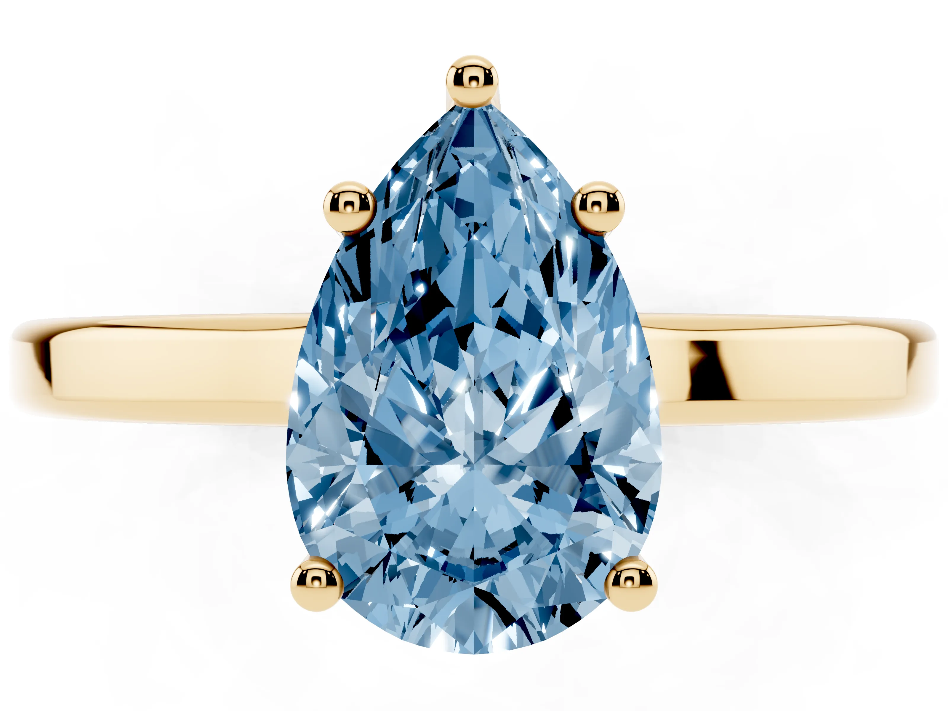 Fancy Blue Pear Cut Diamond Solitaire Engagement Ring Set in Yellow gold with Prong Setting on a Plain Band