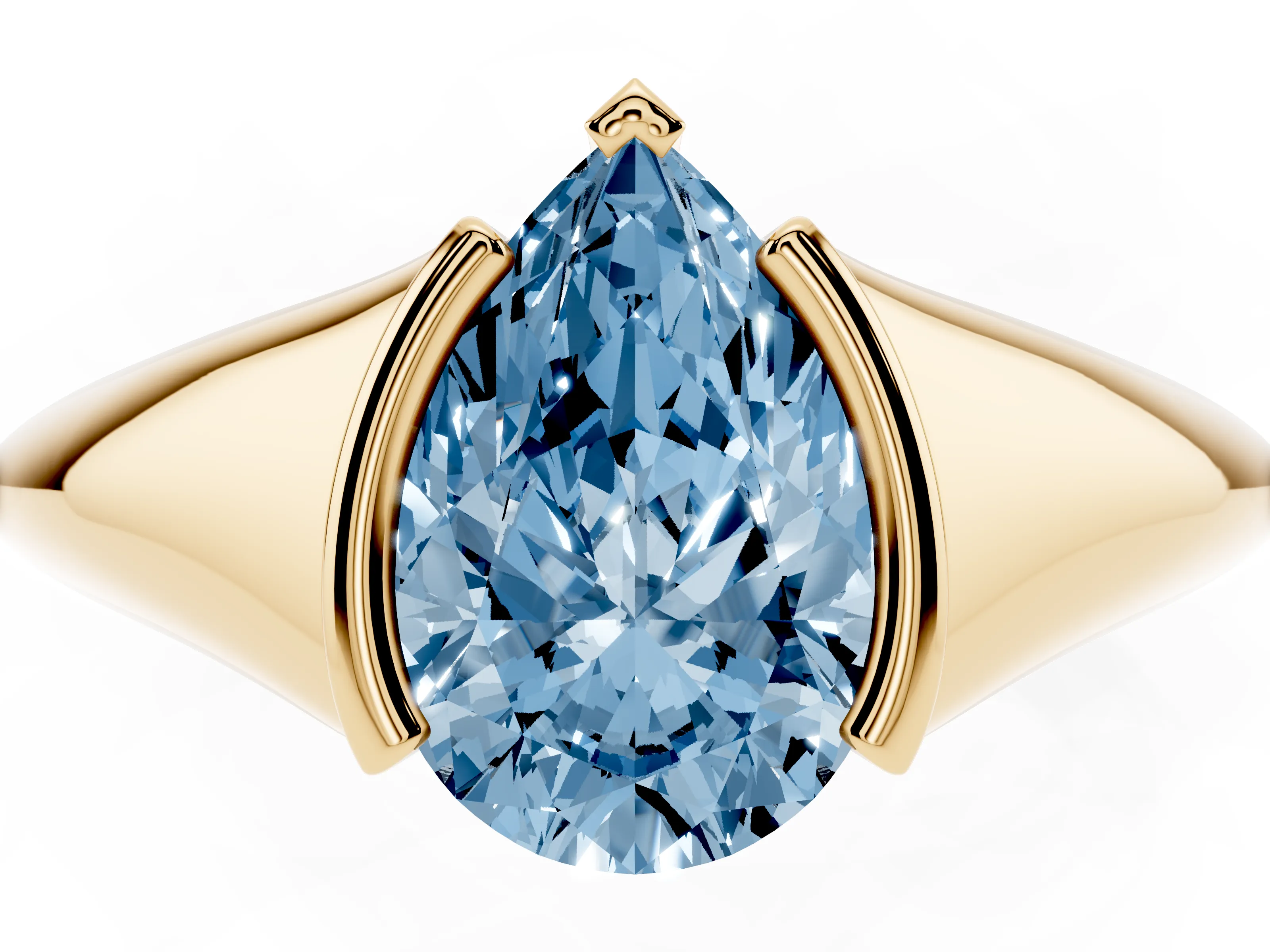 Fancy Blue Pear Cut Diamond Solitaire Tension Set Ring Set in Yellow gold
