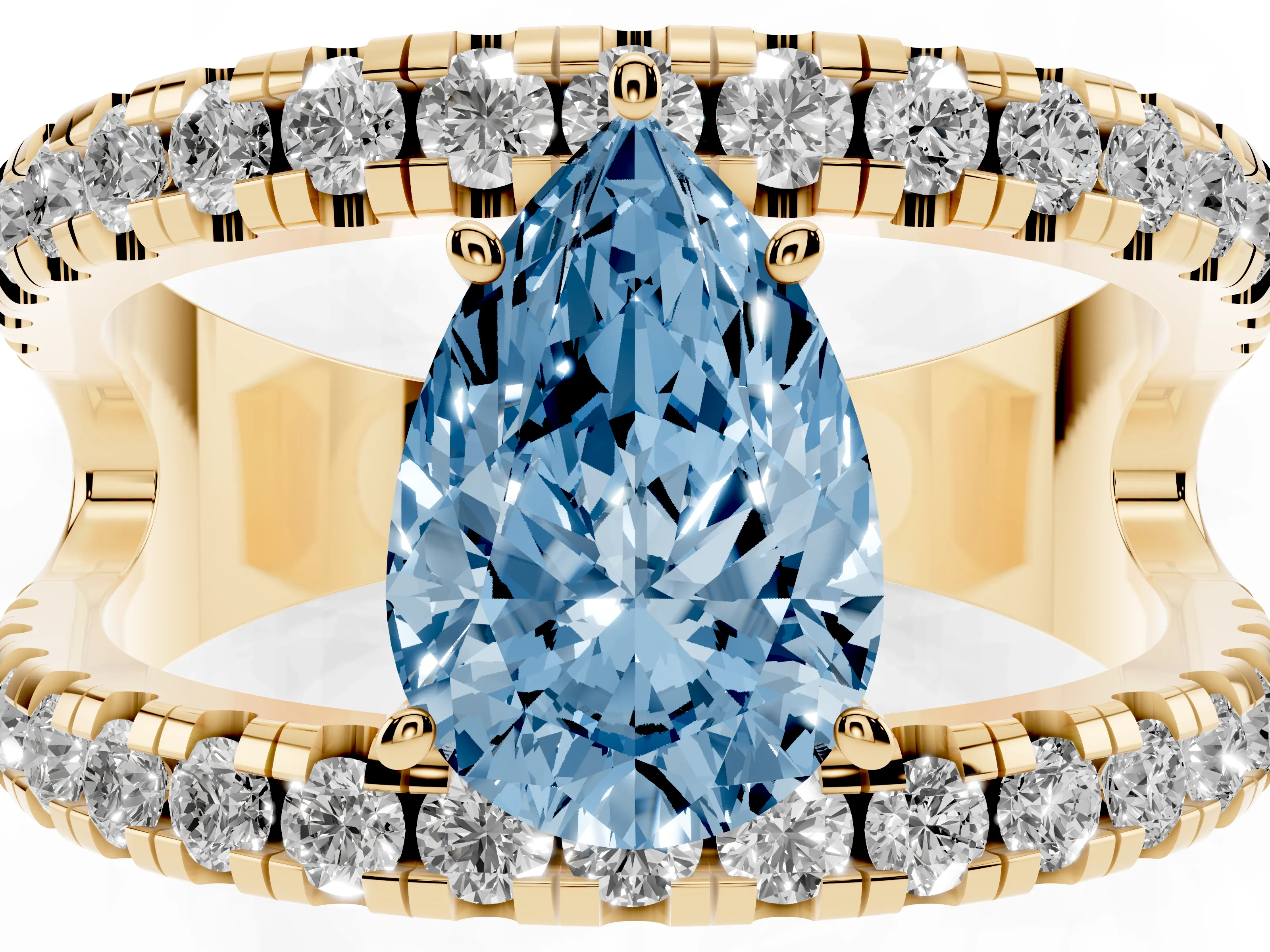 Fancy Blue Pear Cut Diamond Split Shank Pavé Solitaire Ring Set in Yellow gold with Open Shank Design