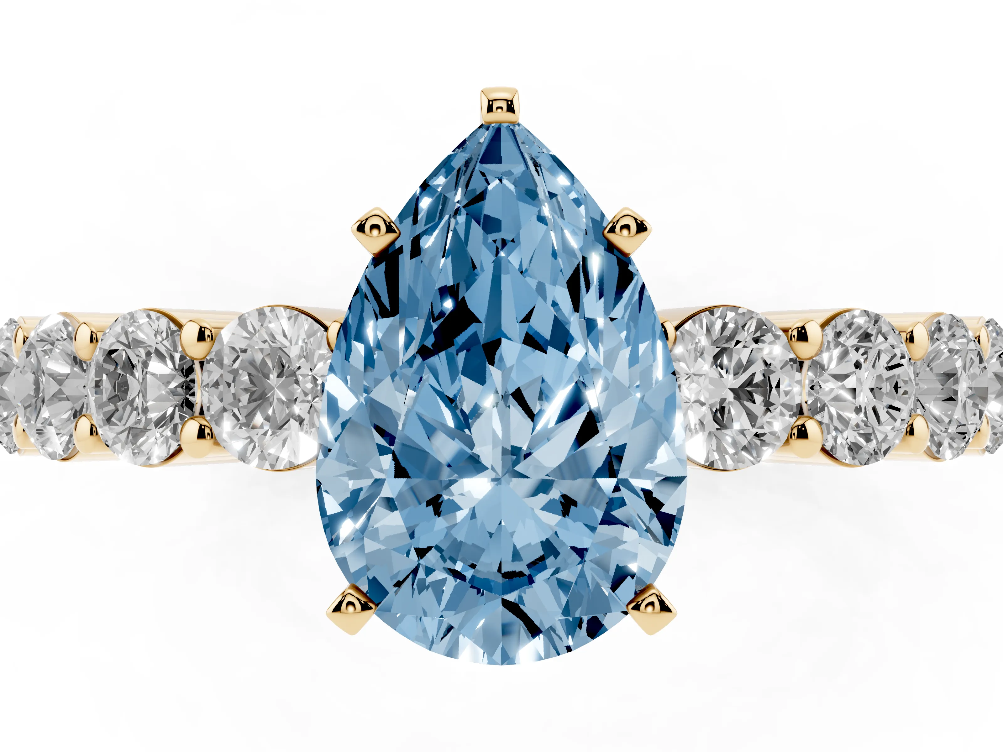 Fancy Blue Pear Cut Diamond Solitaire Ring Set in Yellow gold with Shared Prong Round Side Stones