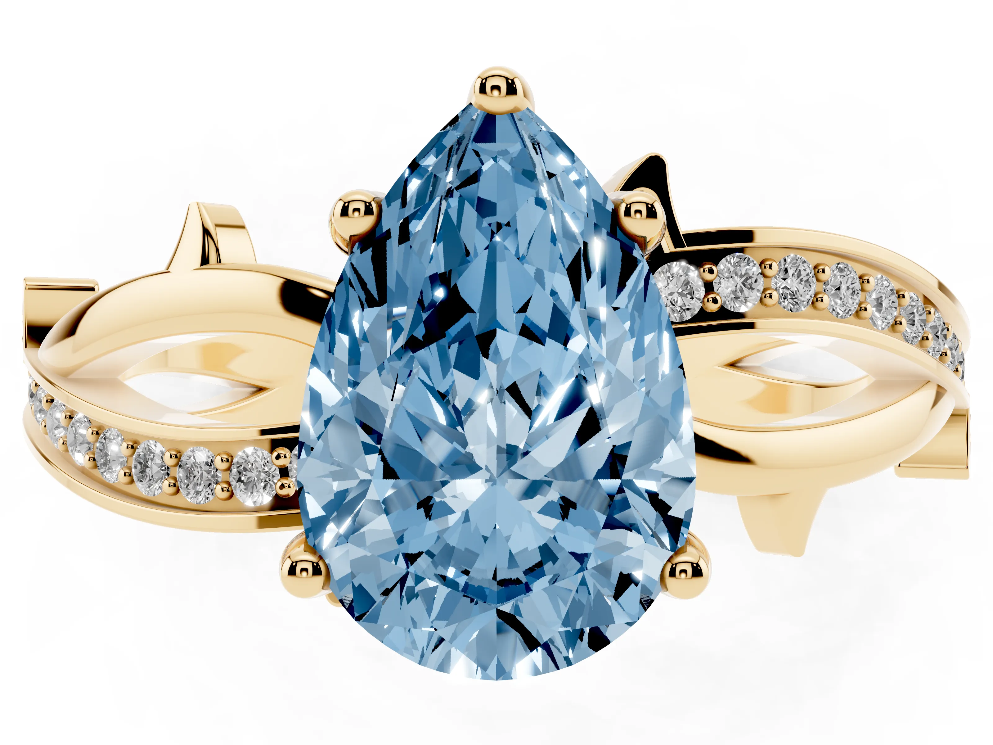 Fancy Blue Pear Cut Diamond Pavé Twist Band Solitaire Ring Set in Yellow gold with Prong Setting