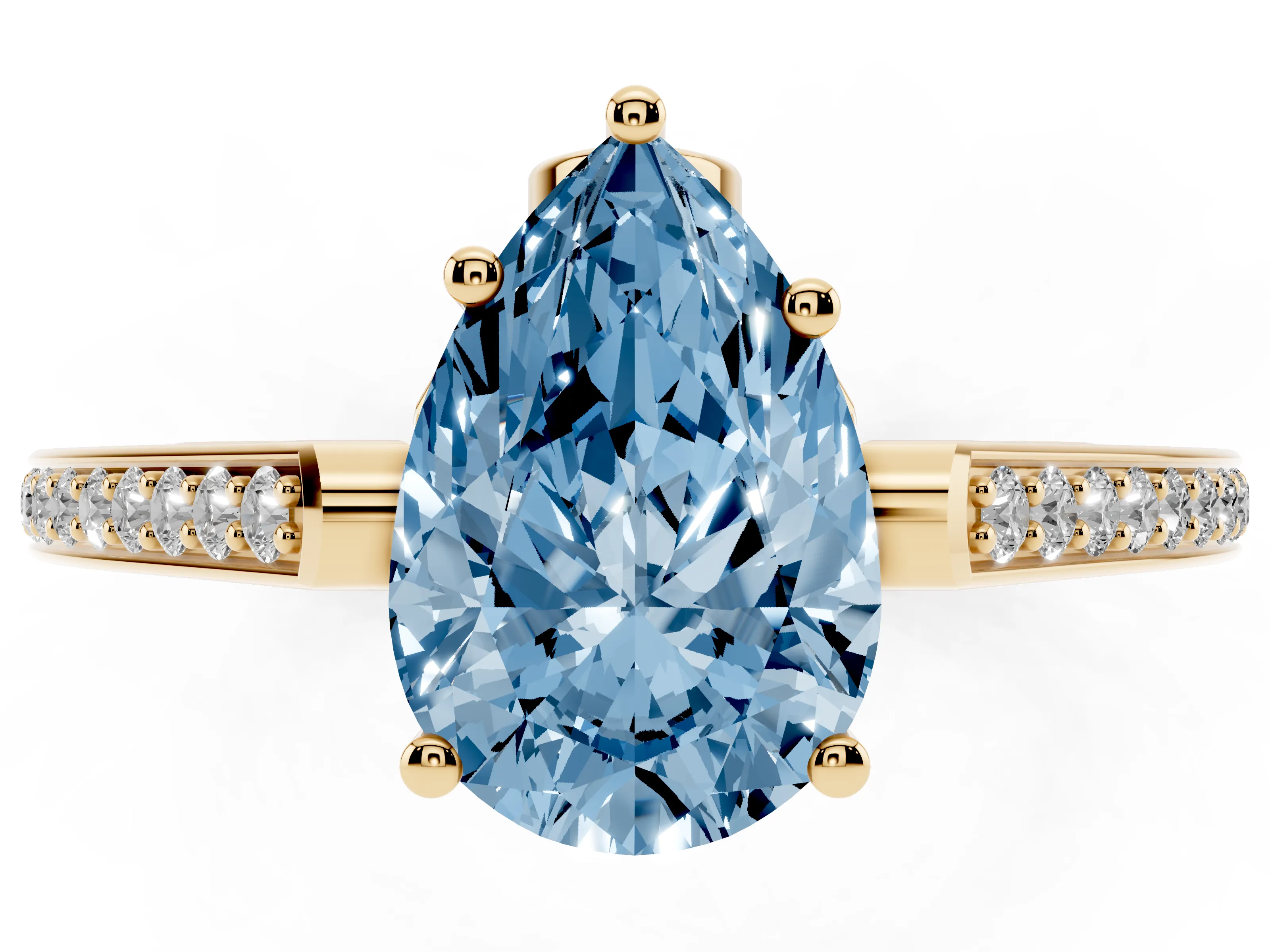 Fancy Blue Pear Cut Diamond Cathedral Pavé Engagement Ring Set in Yellow gold with Prong Setting