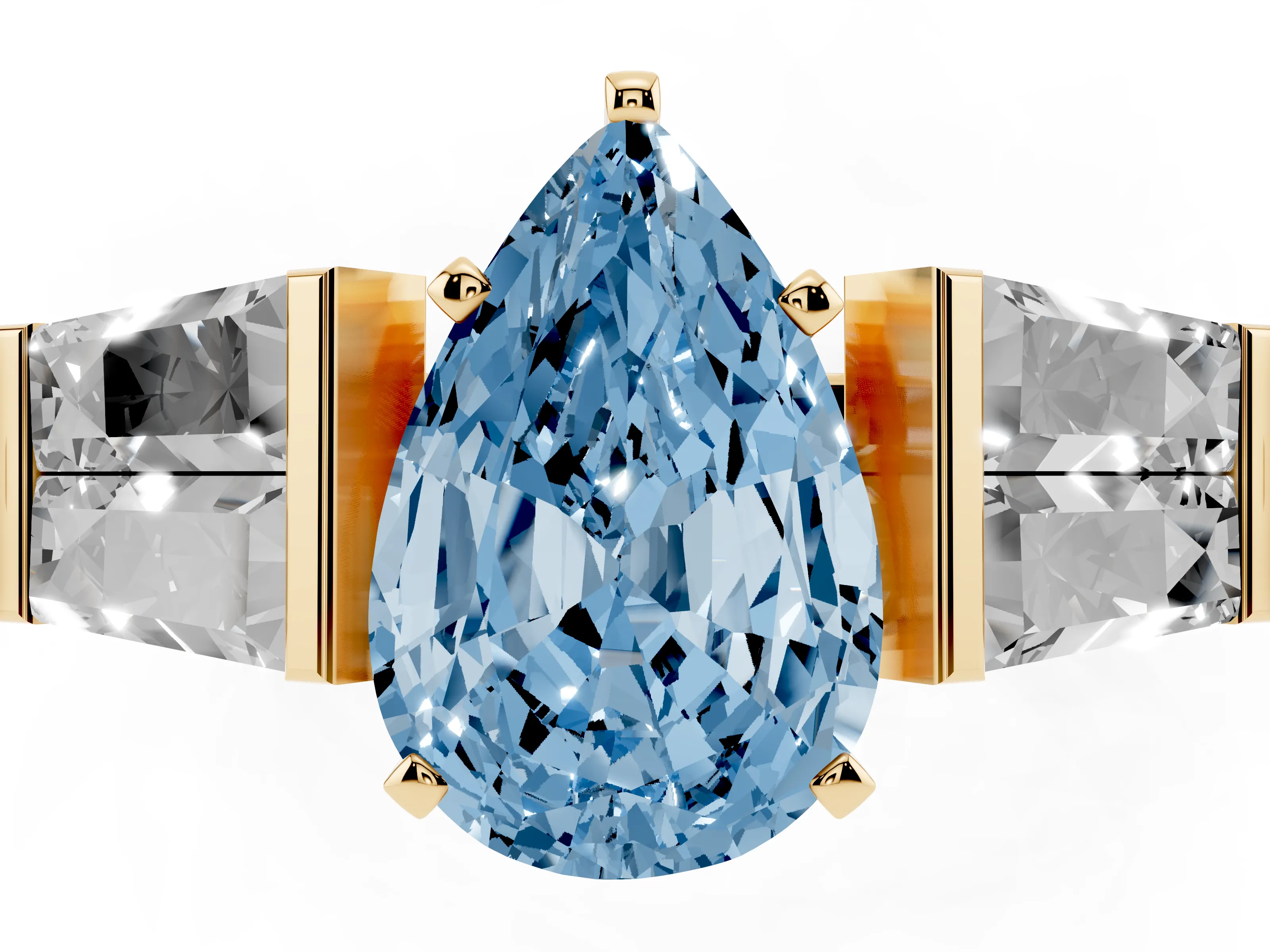 Fancy Blue Pear Cut Diamond Engagement Ring Set in Yellow gold with Baguette Side Stones and Channel Set Band