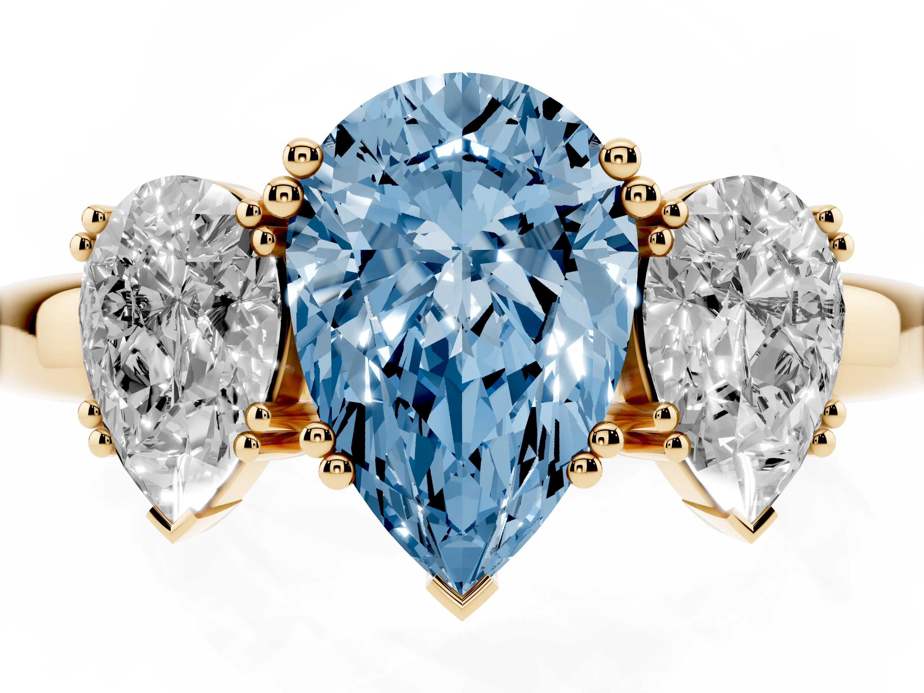 Fancy Blue Pear Cut Diamond Three-Stone Ring Set in Yellow gold with Polished Channel-Set Band