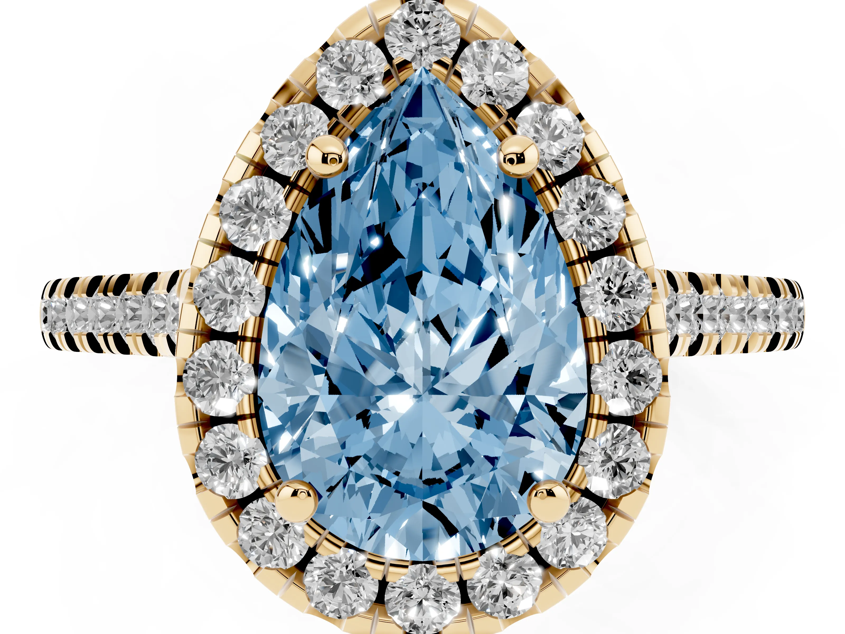 Fancy Blue Pear Cut Diamond Cushion Halo Ring Set in Yellow gold with Pavé Band