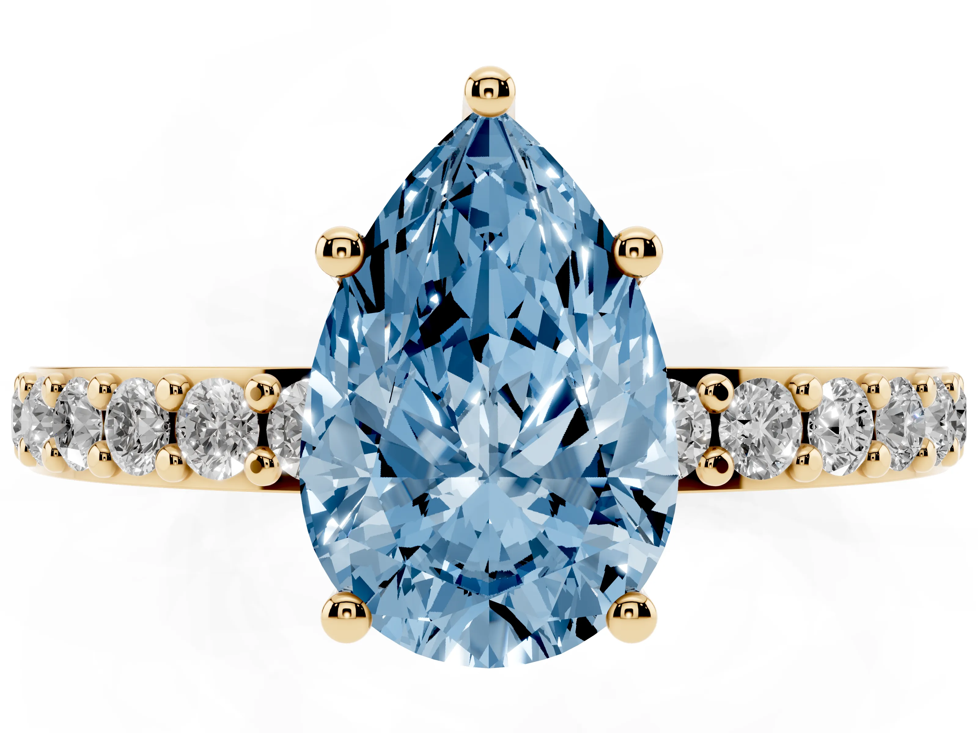 Fancy Blue Pear Cut Diamond Solitaire Set in Yellow gold with Round Pavé Band and Prong Setting
