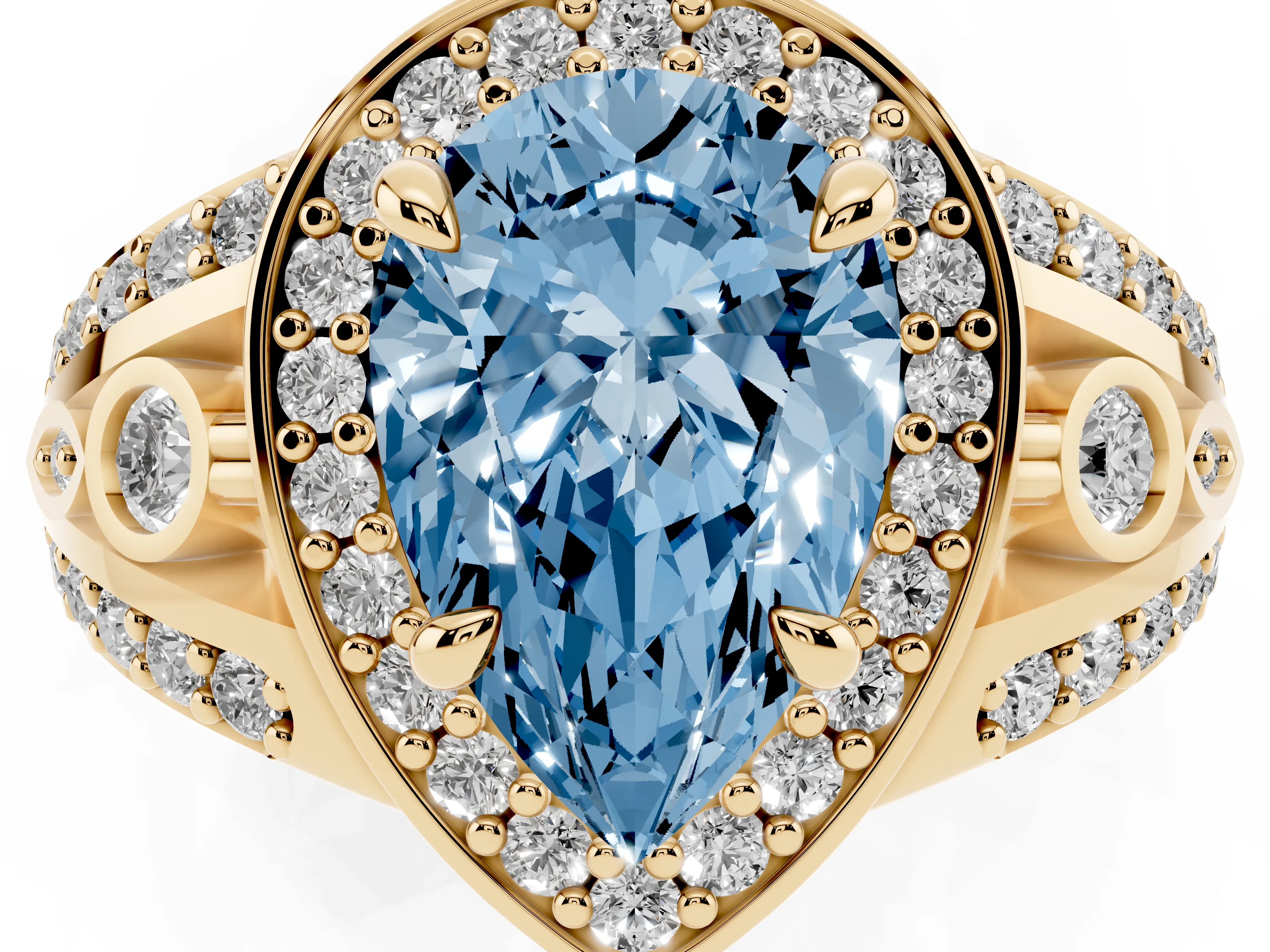 Fancy Blue Pear Cut Diamond Halo Ring Set in Yellow gold with Pavé Split Shank and Bezel Accents