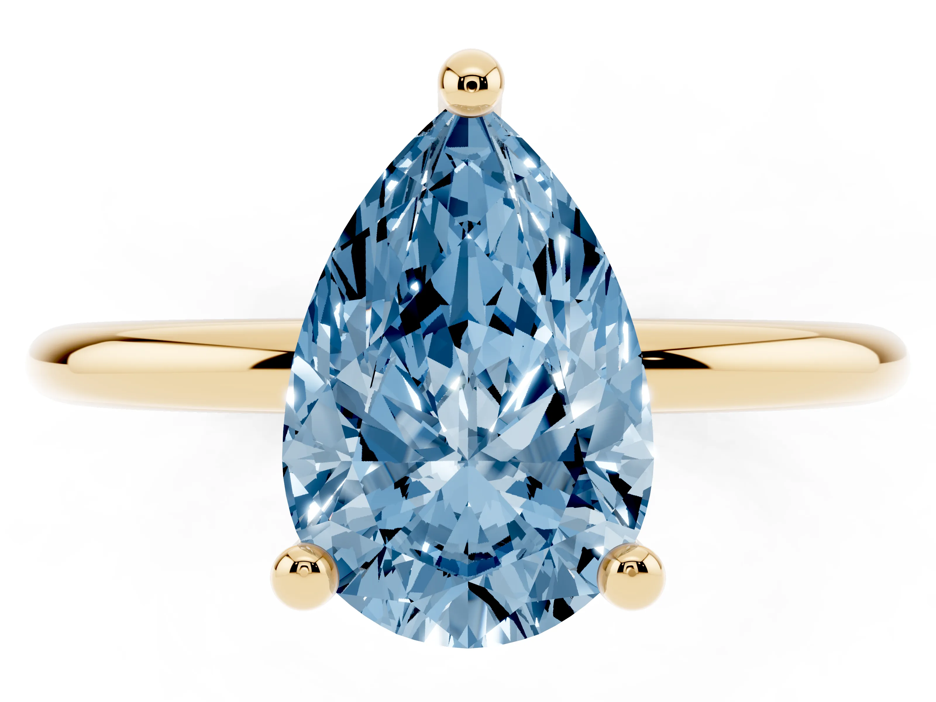 Fancy Blue Pear Cut Diamond Solitaire Ring Set in Yellow gold with Secure Prong Setting on a Classic Band