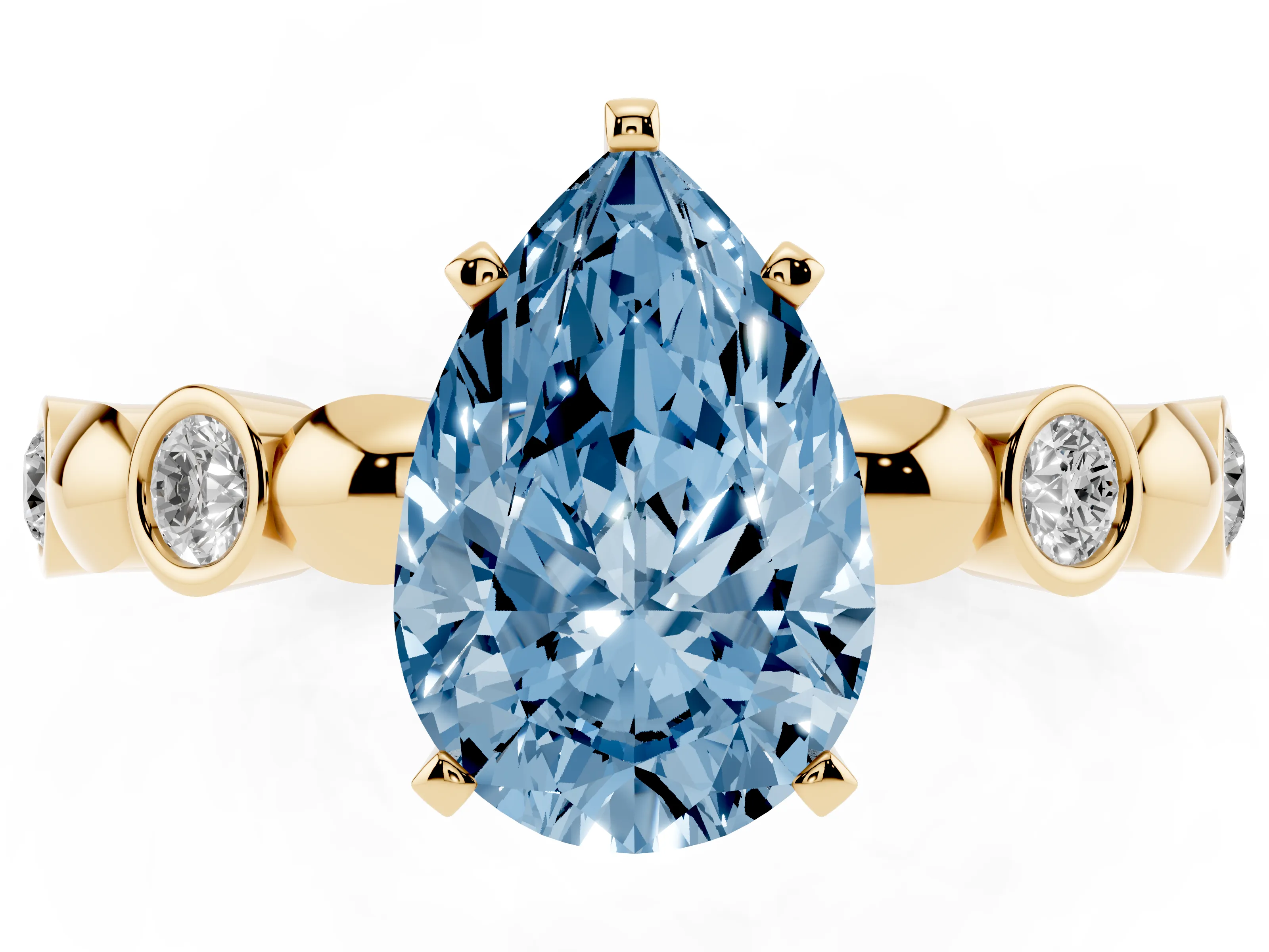 Fancy Blue Pear Cut Diamond Solitaire Ring Set in Yellow gold with Bezel-Set Accents on Beaded Band and Prong Setting