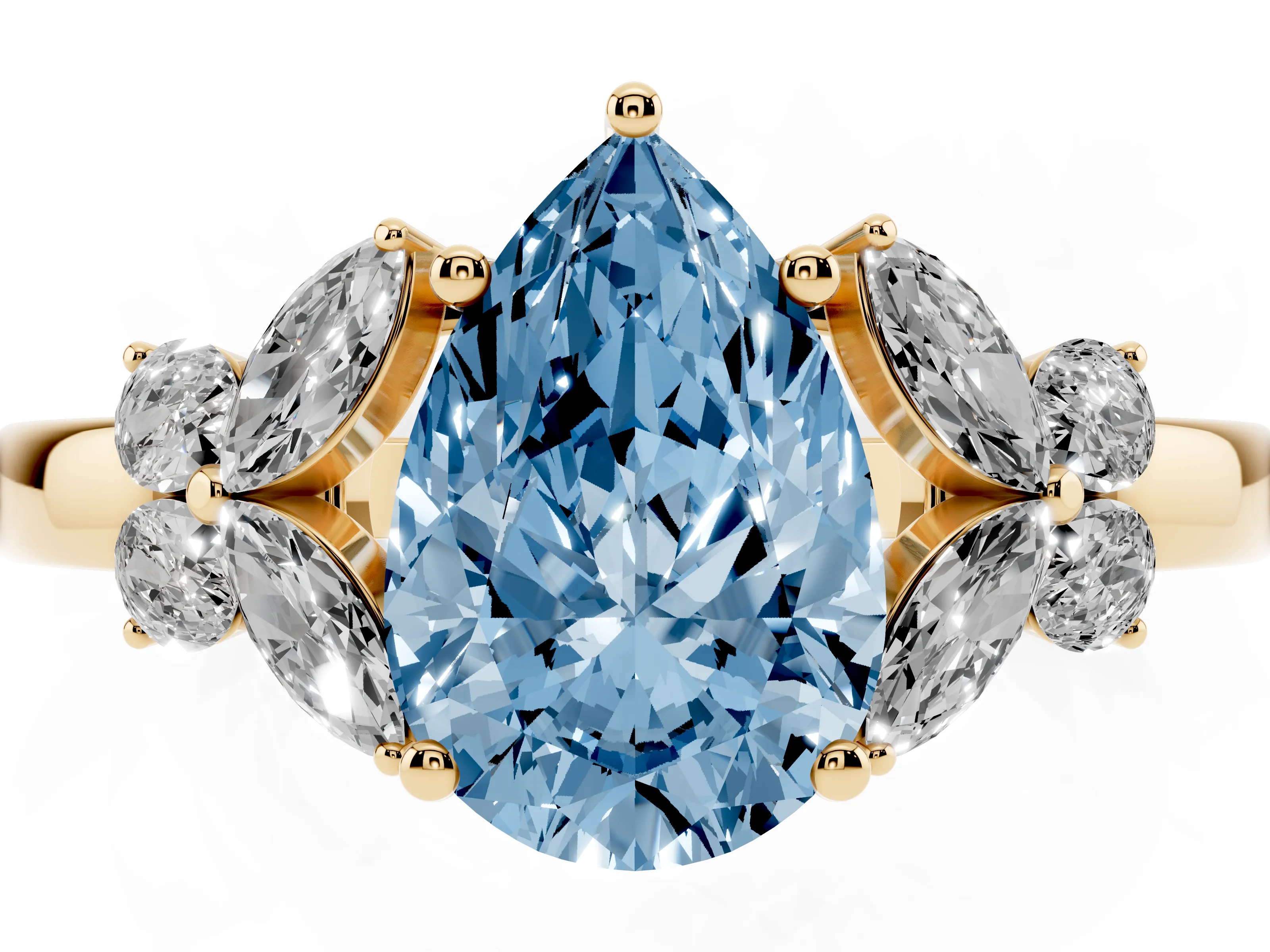 Fancy Blue Pear Cut Diamond Solitaire Floral Ring Set in Yellow gold with Marquise Petals and Prong Setting