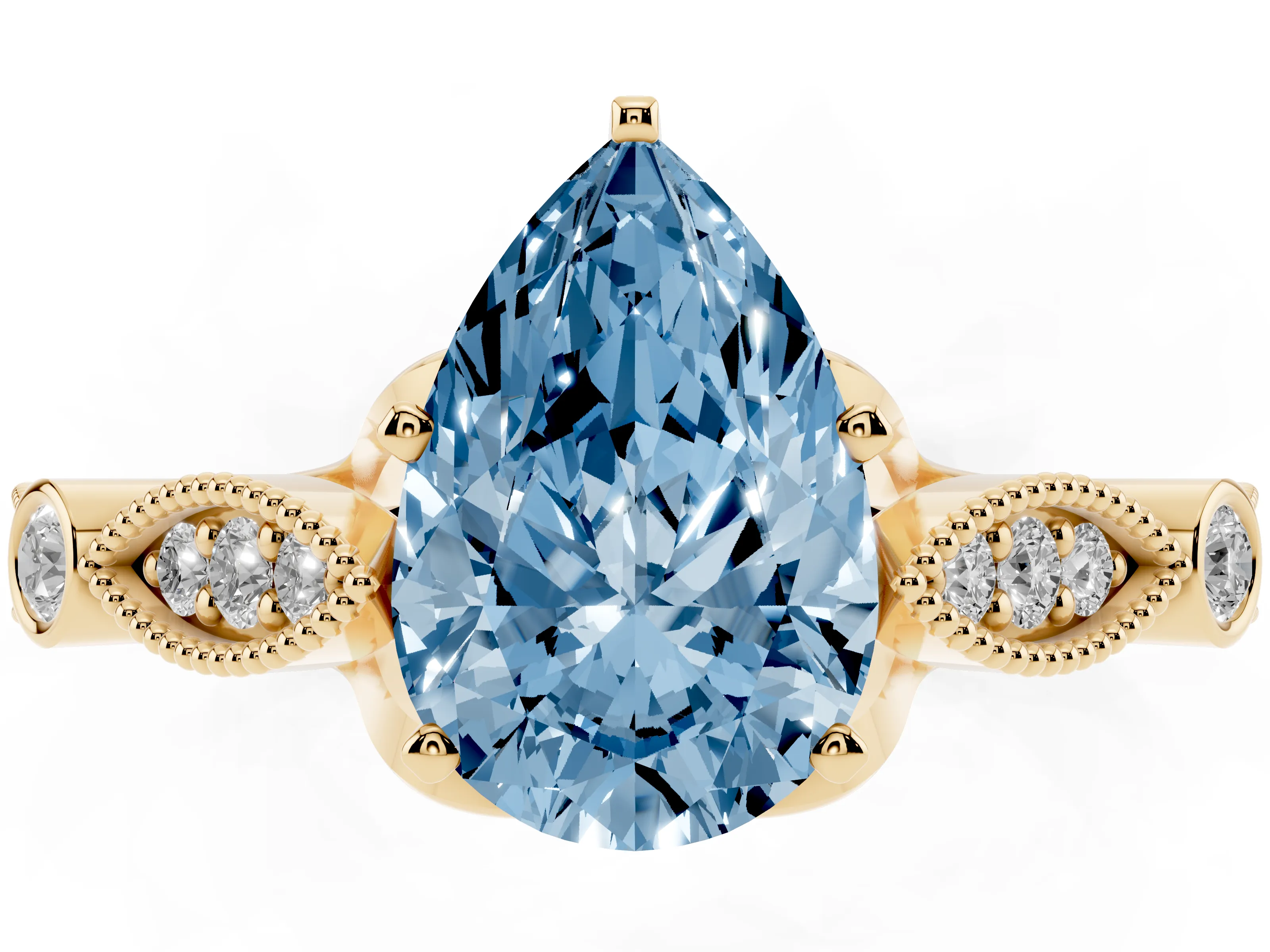 Fancy Blue Pear Cut Diamond Solitaire Ring Set in Yellow gold with Milgrain Marquise and Bezel Accents
