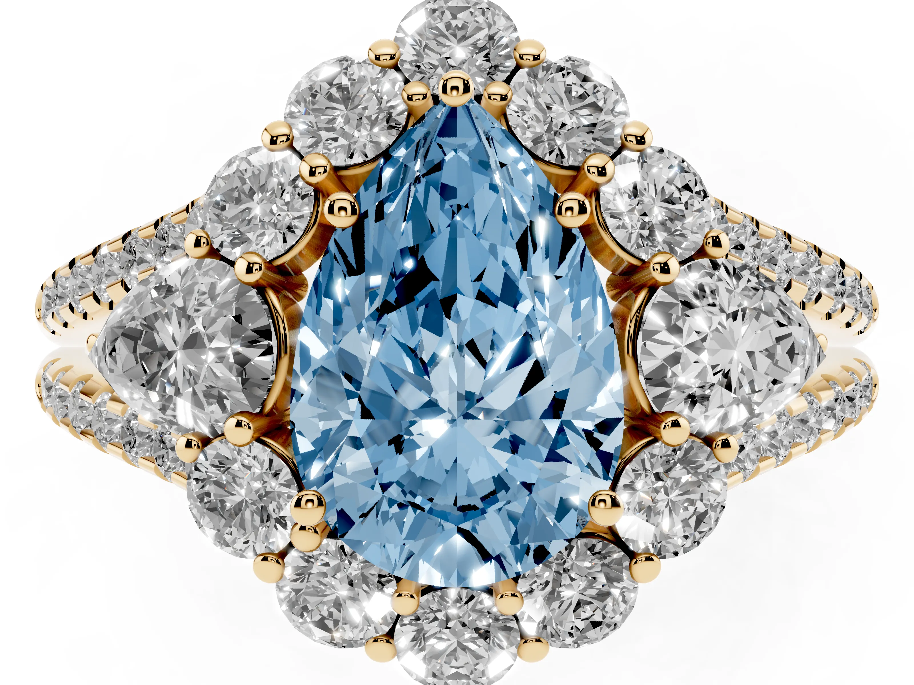 Fancy Blue Pear Cut Diamond Halo Split Shank Engagement Ring Set in Yellow gold with Prong-Held Center Stone