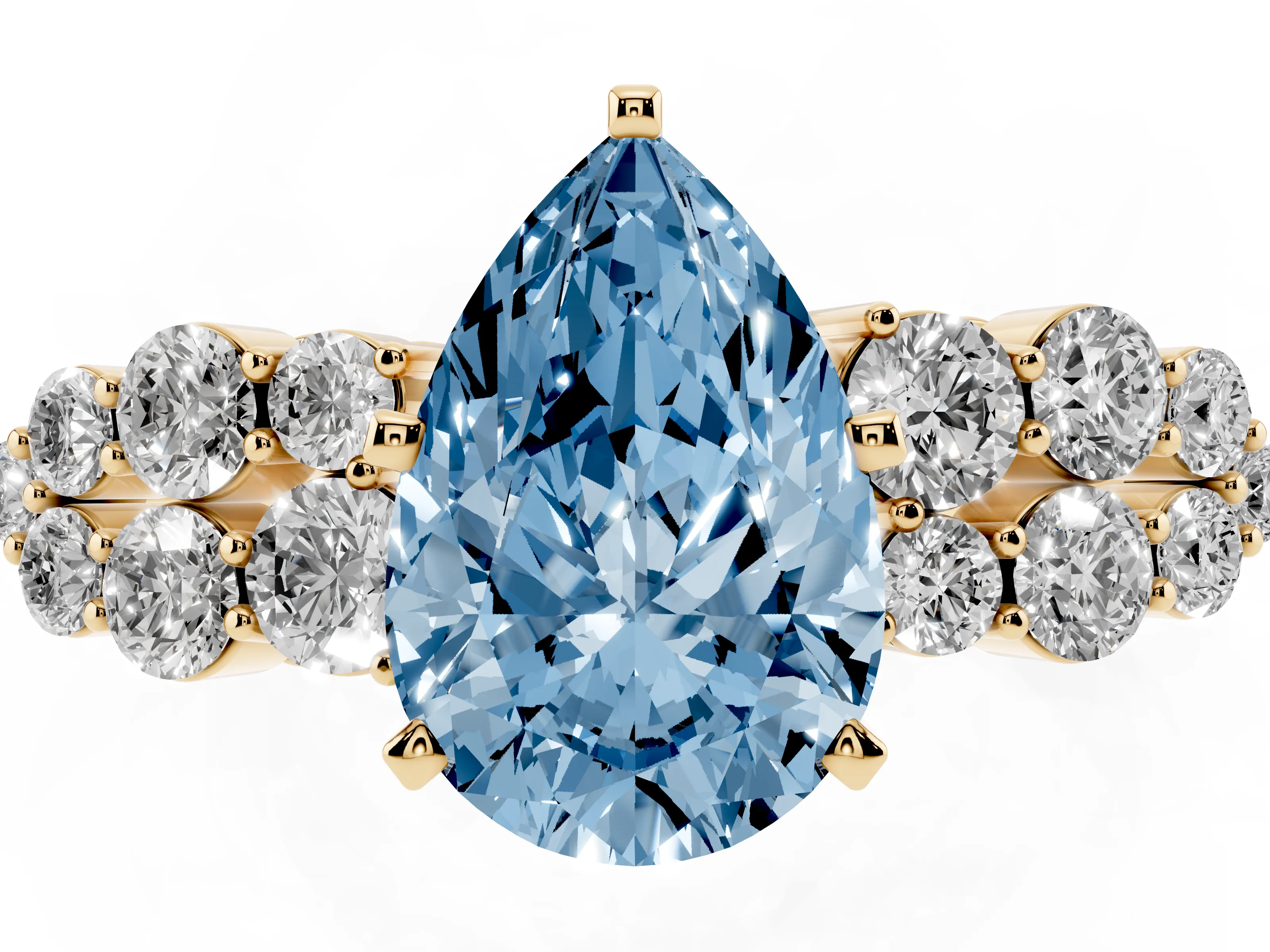 Fancy Blue Pear Cut Diamond Cluster Engagement Ring Set in Yellow gold with Pavé Band and Prong Setting