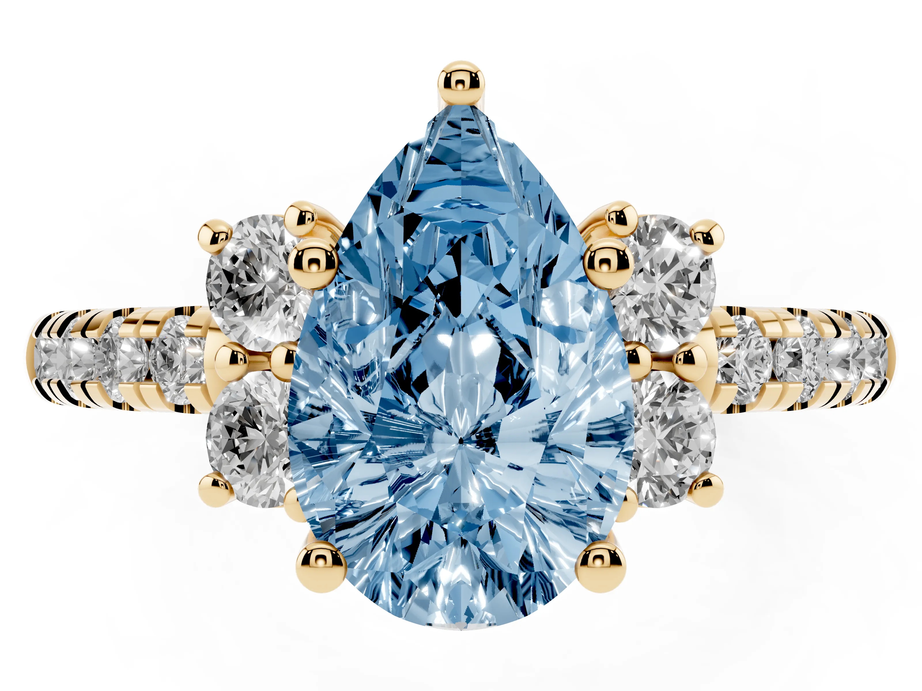 Fancy Blue Pear Cut Diamond Three-Stone Pavé Ring Set in Yellow gold with Prong Setting