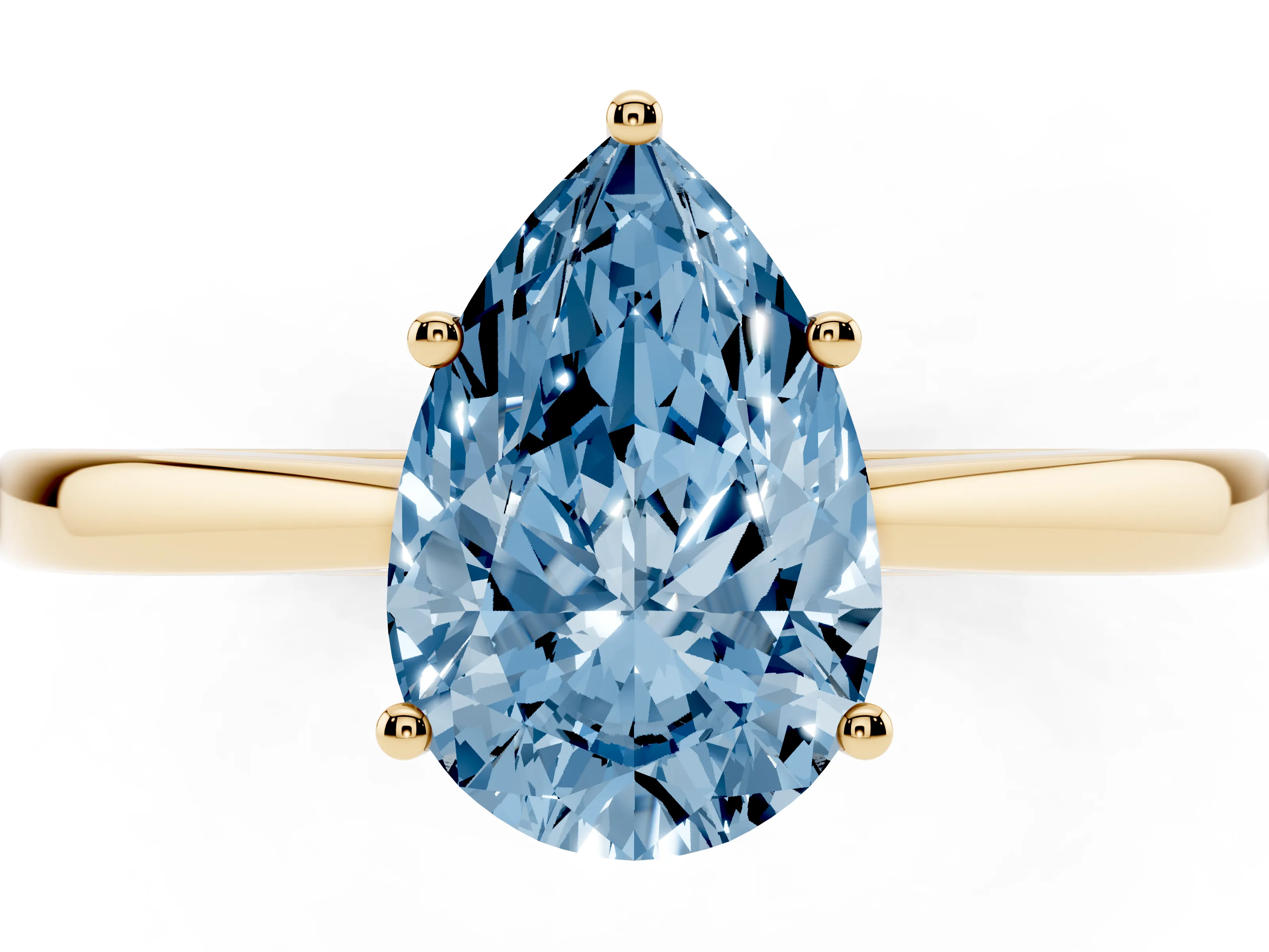 Fancy Blue Pear Cut Diamond Solitaire Ring Set in Yellow gold with Split Shank and Prong Setting