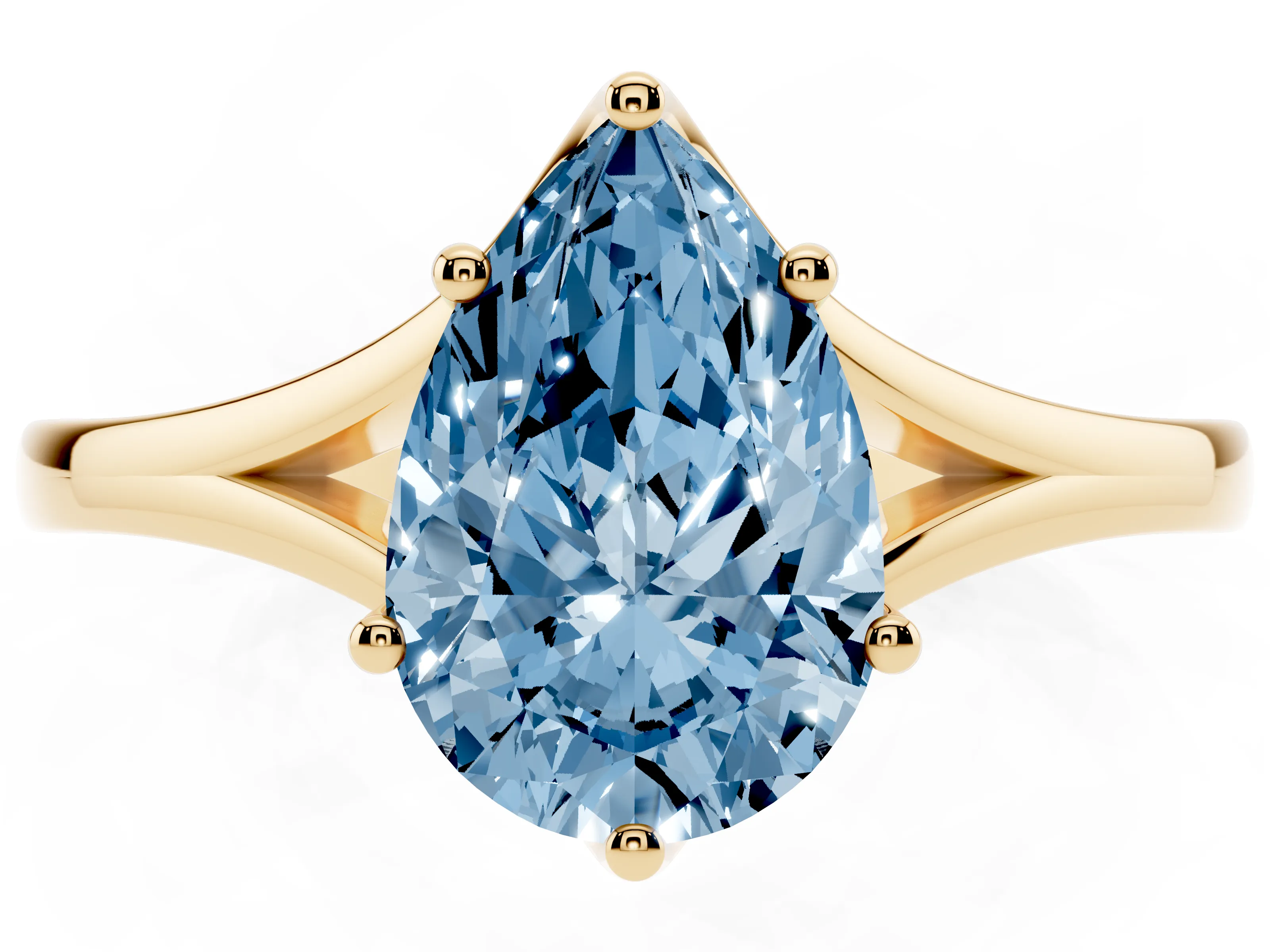 Fancy Blue Pear Cut Diamond Solitaire Ring Set in Yellow gold with Polished Tapered Band and Prong Setting
