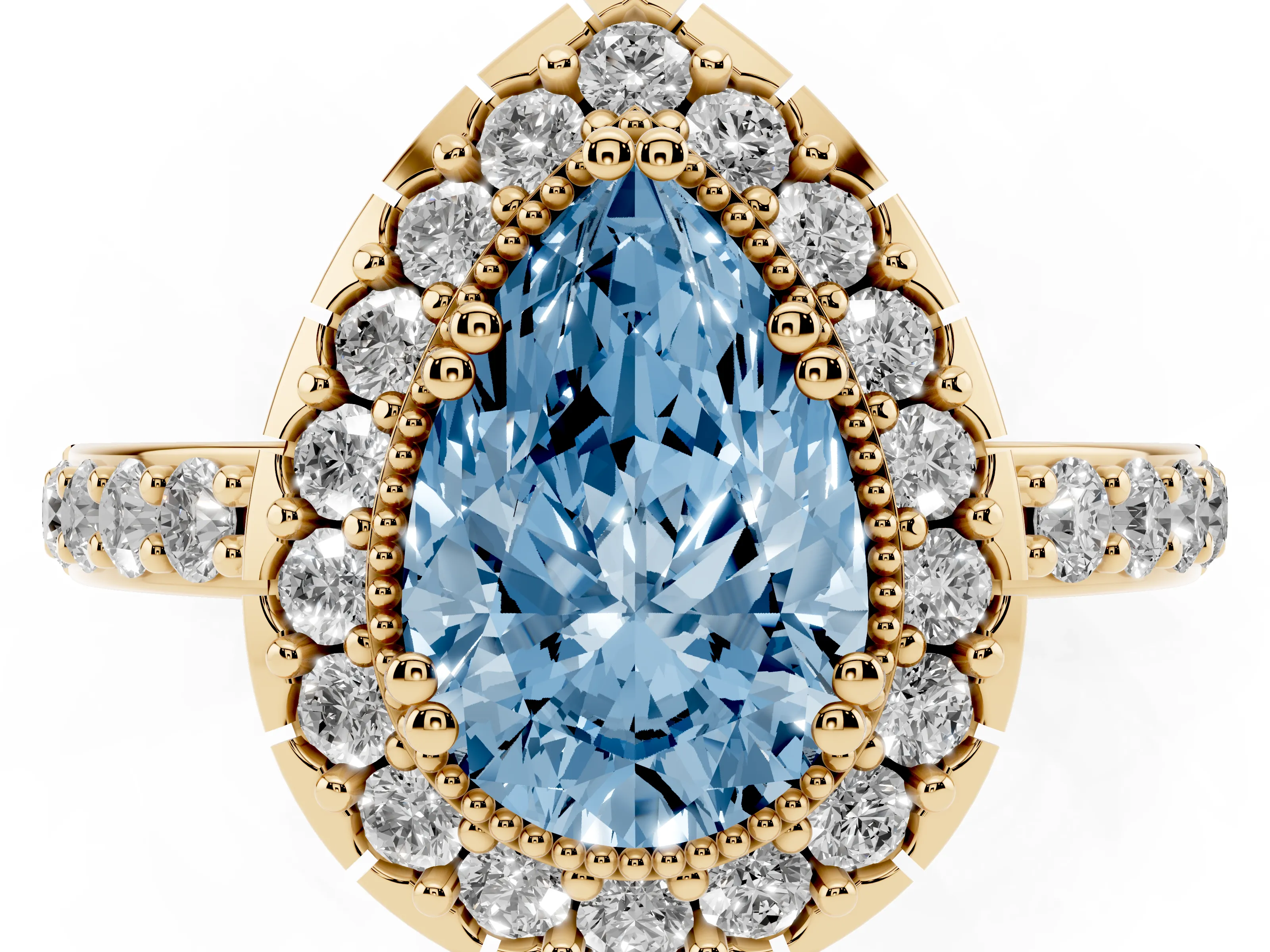 Fancy Blue Pear Cut Diamond Halo Ring Set in Yellow gold with Pavé Shank and Prong Setting