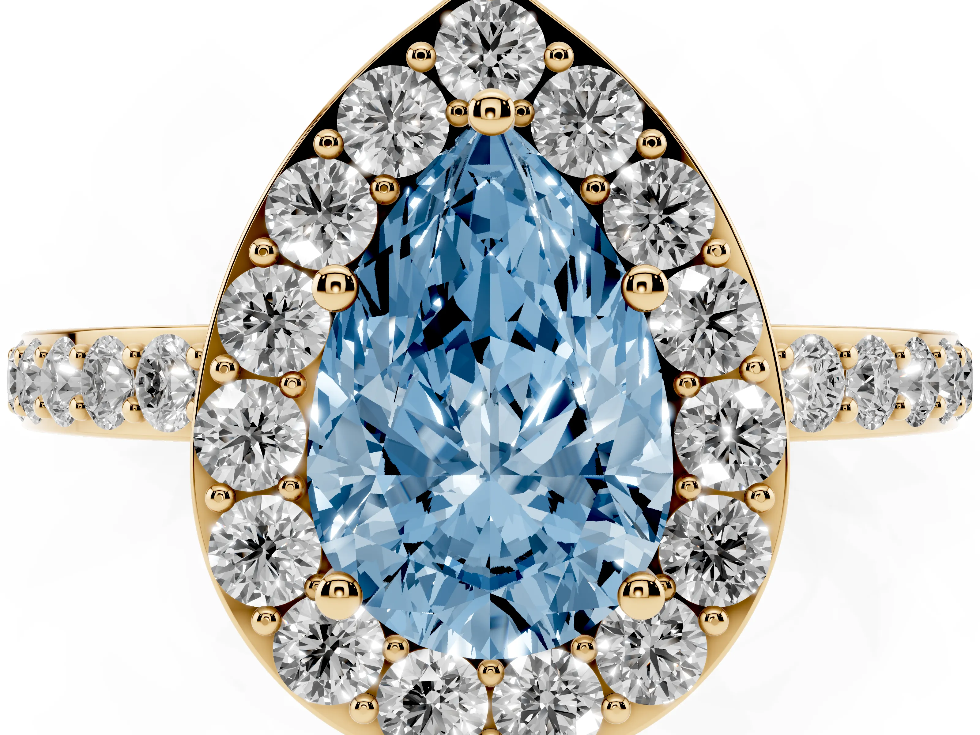 Fancy Blue Pear Cut Diamond Halo Ring Set in Yellow gold with Pavé-Setting Band and Open Prong Center