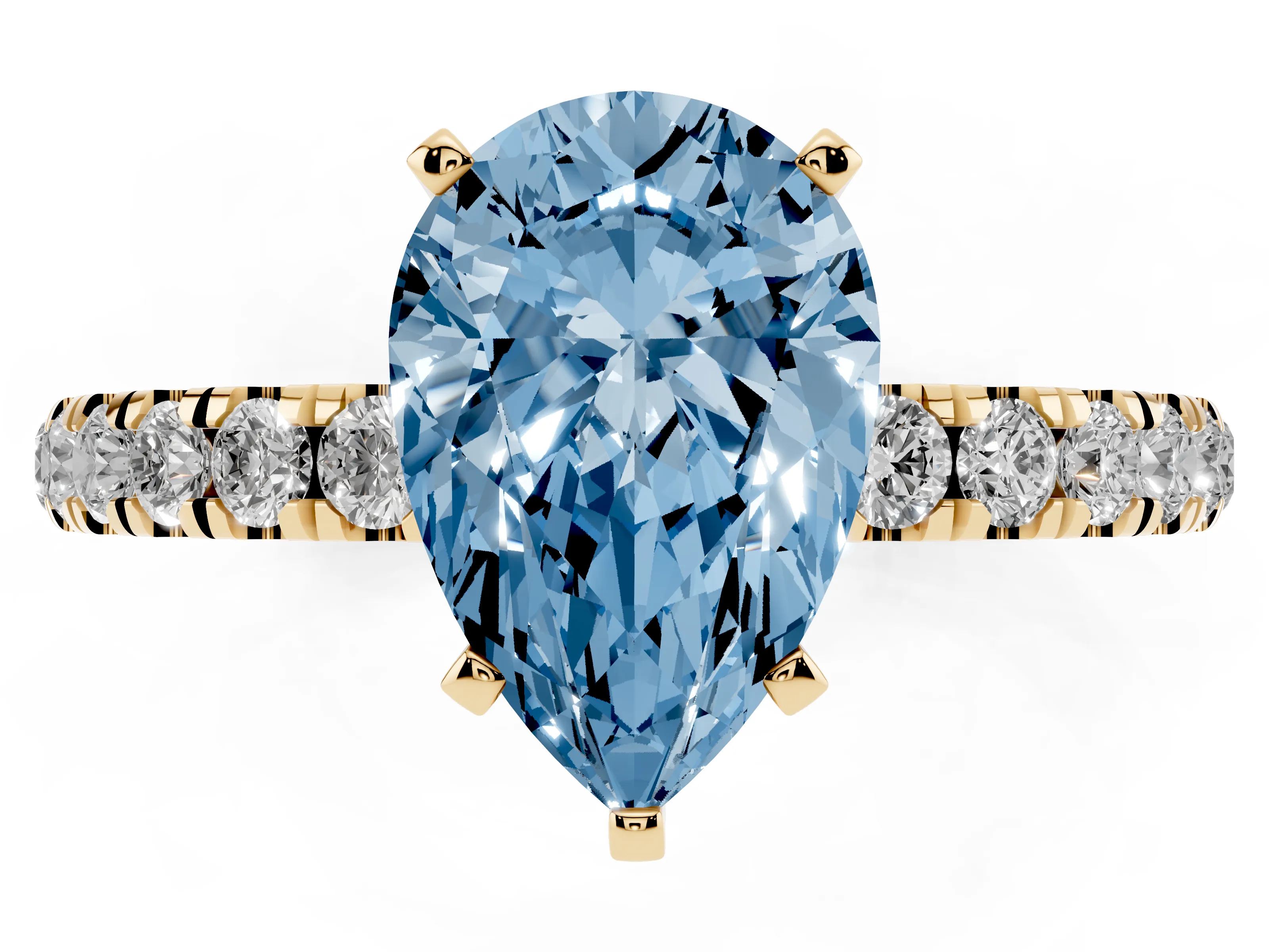 Fancy Blue Pear Cut Diamond Solitaire Ring Set in Yellow gold with Pavé Accents and Prong Setting