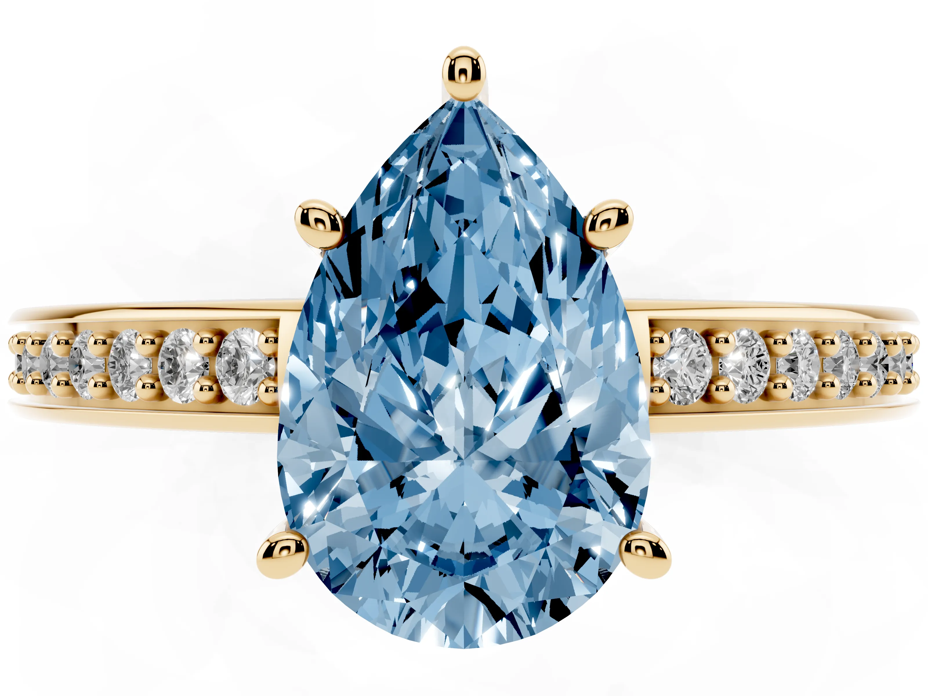 Fancy Blue Pear Cut Diamond Pavé Band Prong Set Solitaire Ring Set in Yellow gold