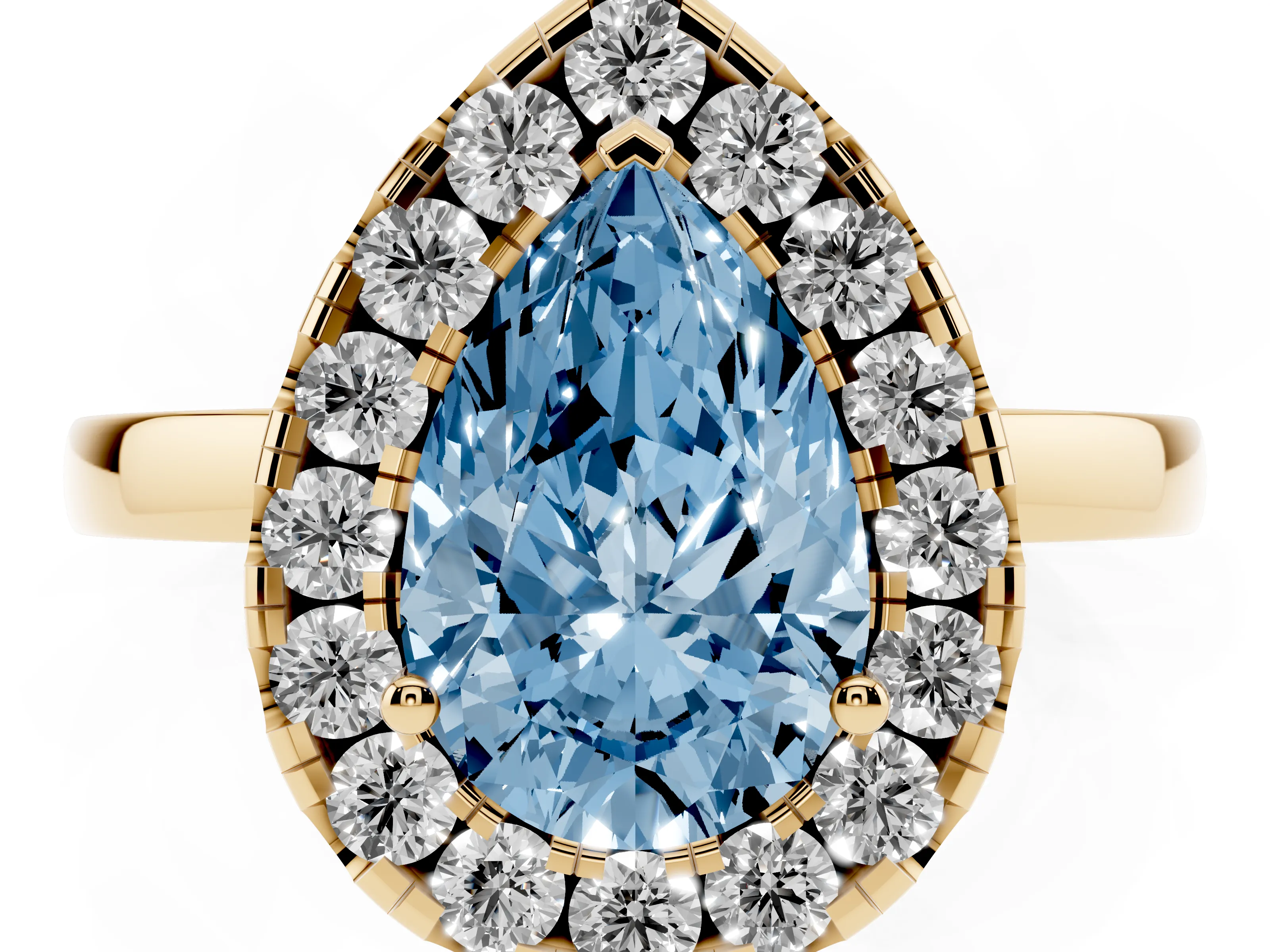 Fancy Blue Pear Cut Diamond Halo Solitaire Ring Set in Yellow gold with Pavé Band and Prong Setting