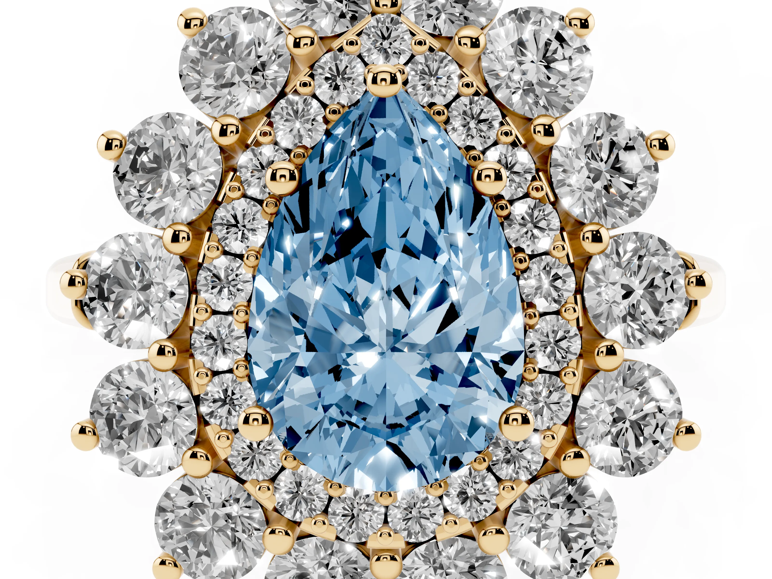 Fancy Blue Pear Cut Diamond Floral Double Halo Ring Set in Yellow gold with Round Petals