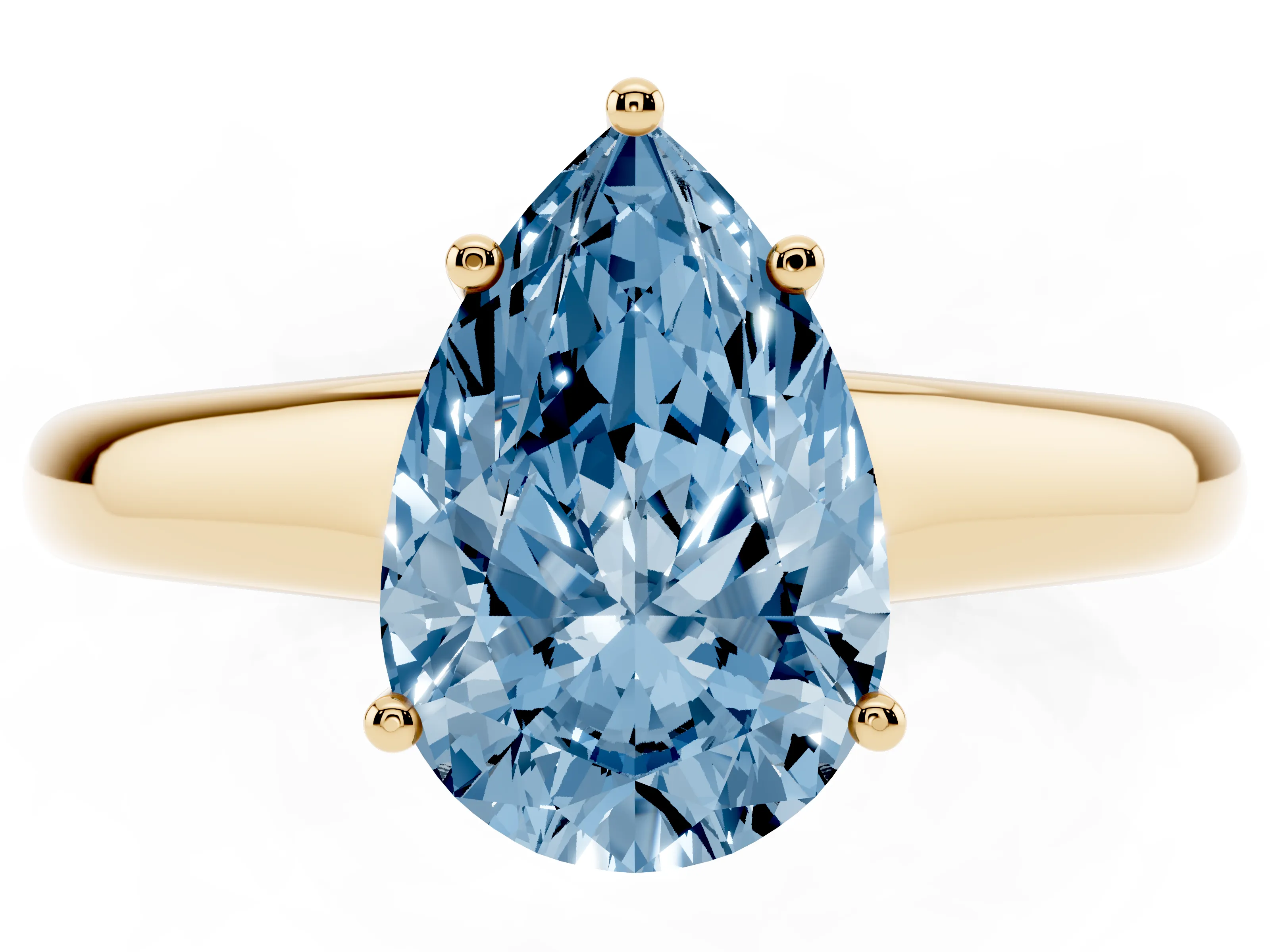 Fancy Blue Pear Cut Diamond Solitaire Engagement Ring Set in Yellow gold with Subtly Tapered Band and Prong Setting