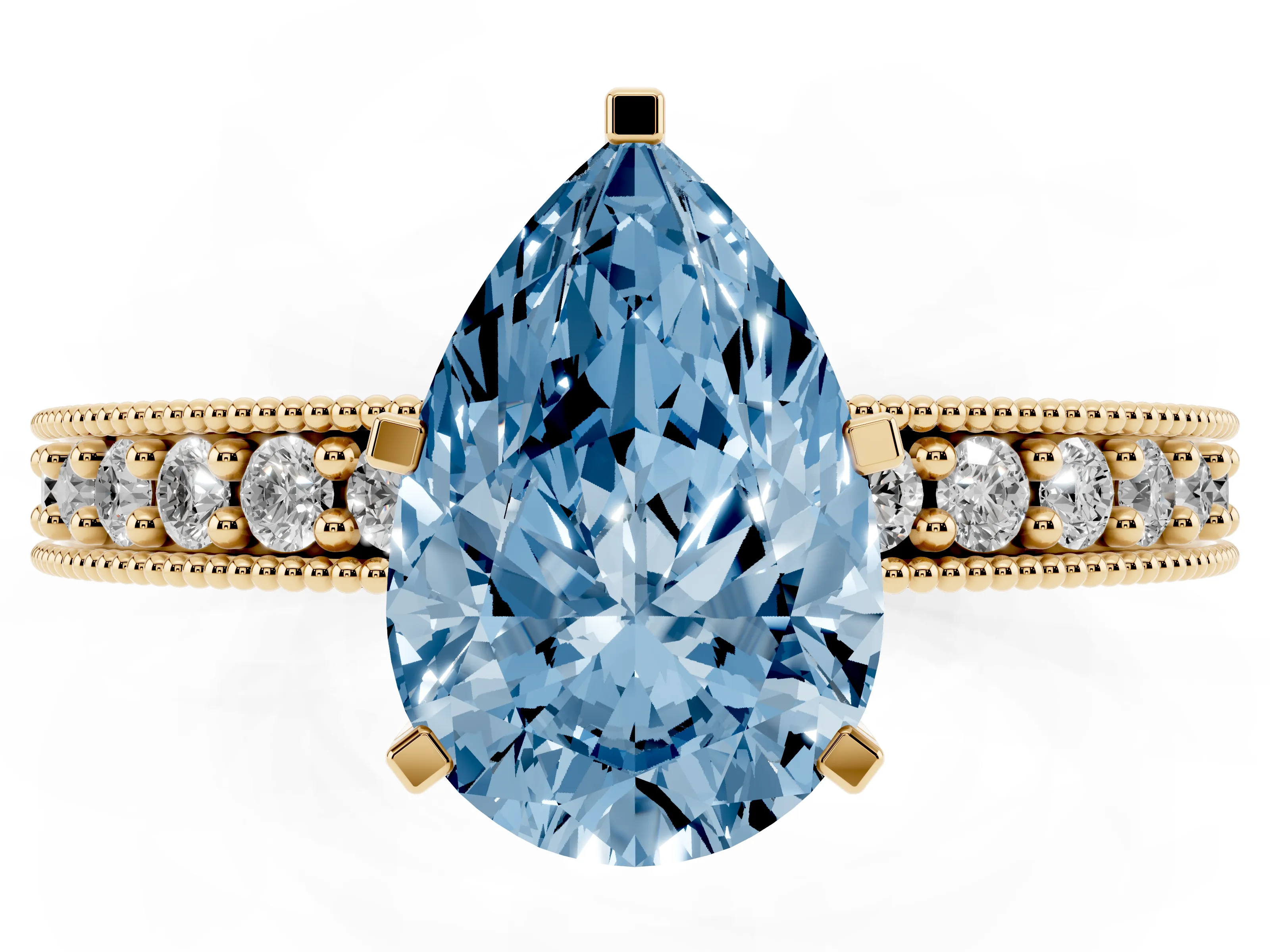 Fancy Blue Pear Cut Diamond Milgrain Pavé Engagement Ring Set in Yellow gold with Prong Setting