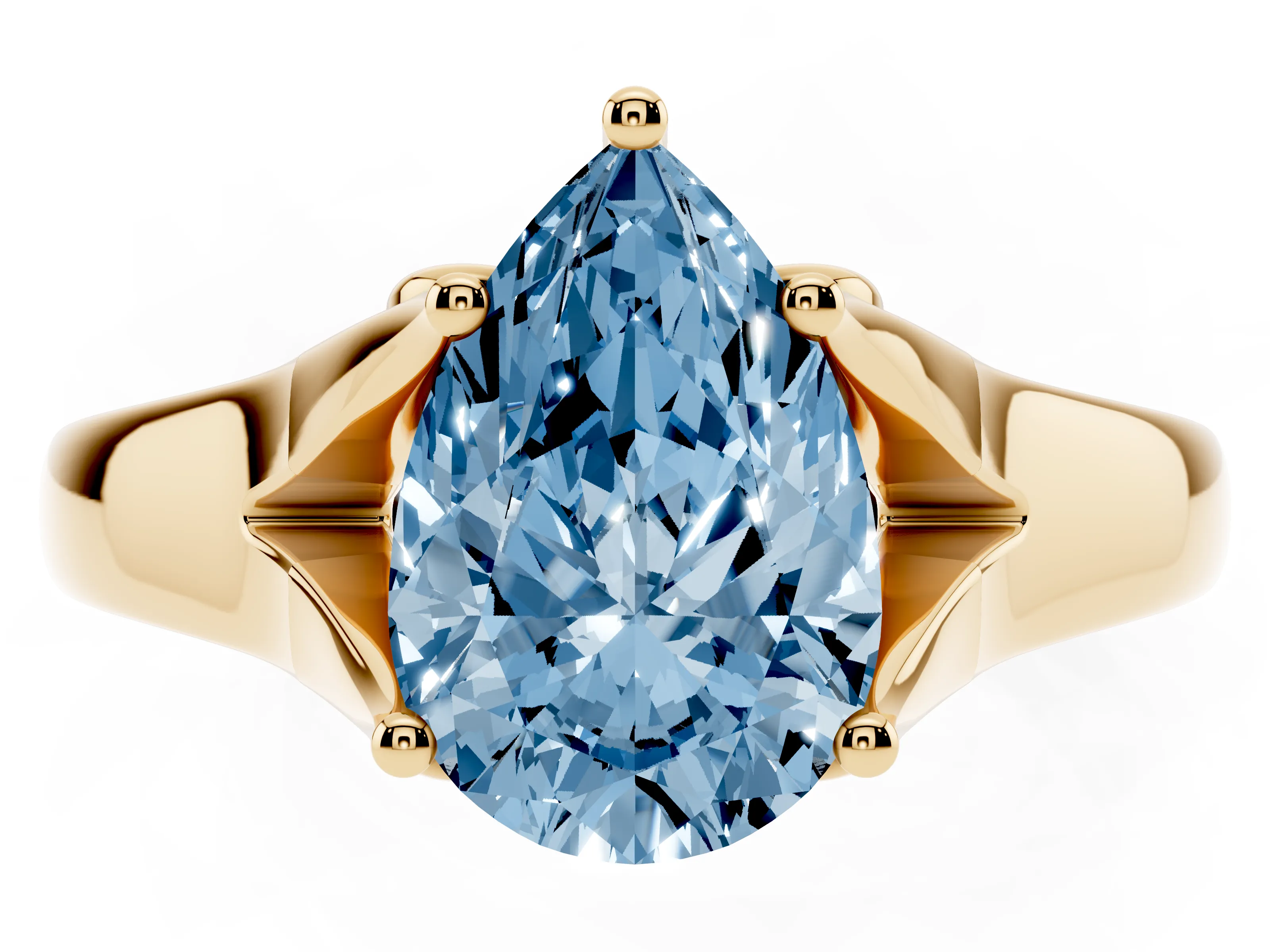 Fancy Blue Pear Cut Diamond Solitaire Ring Set in Yellow gold with Arched Cathedral Band and Prong Setting