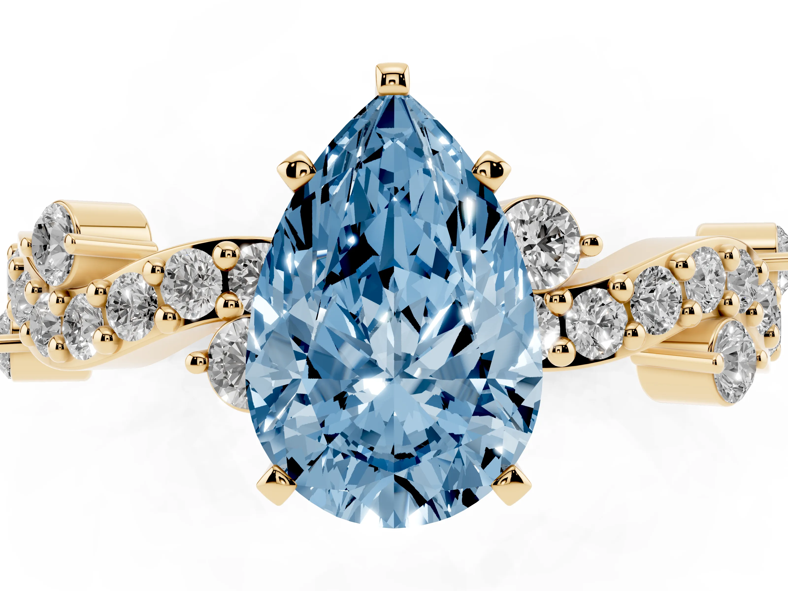 Fancy Blue Pear Cut Diamond Solitaire Twisted Band Set in Yellow gold with Pavé Setting