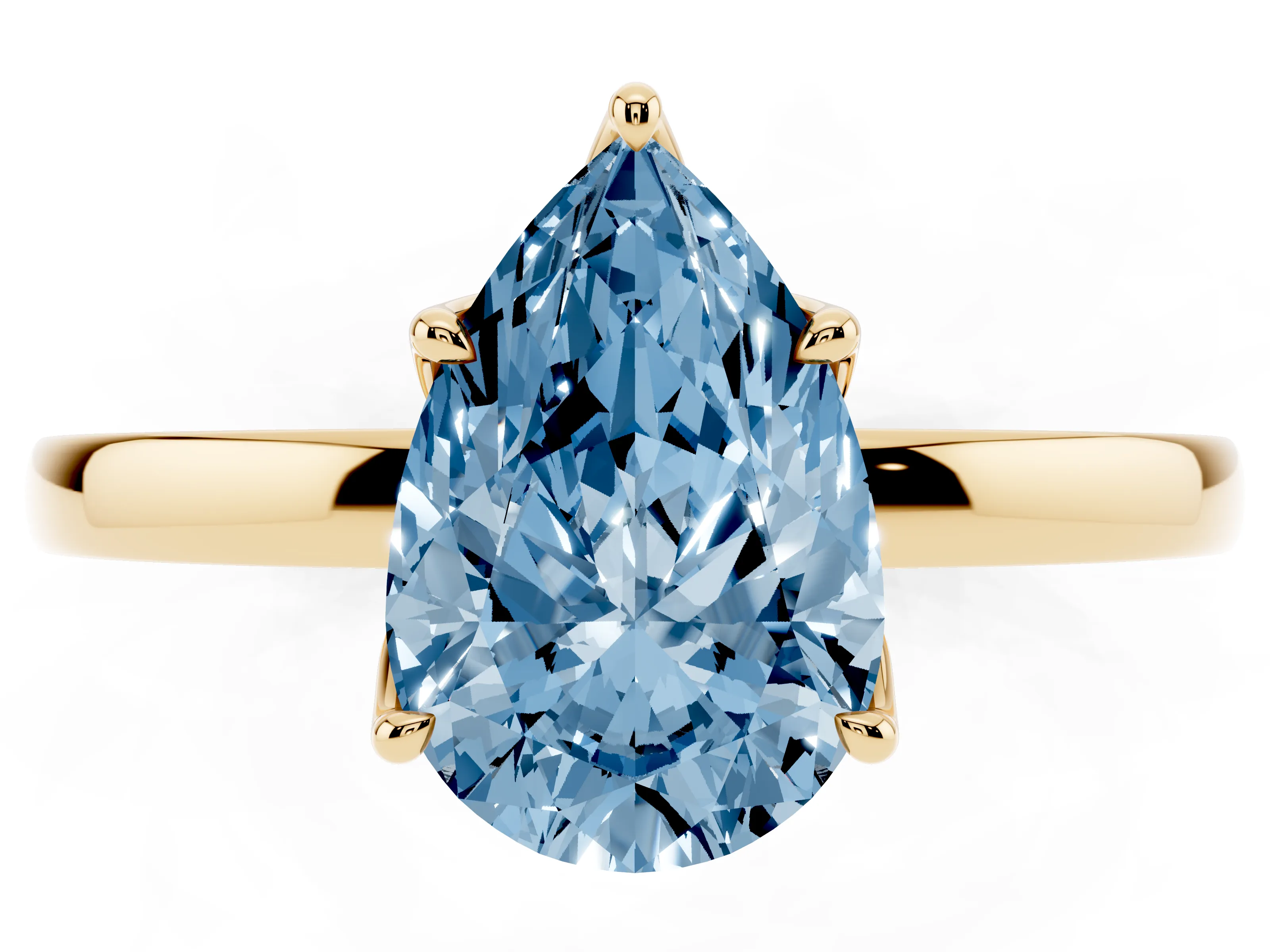 Fancy Blue Pear Cut Diamond Solitaire Ring Set in Yellow gold with Prong Setting and Thin Polished Band