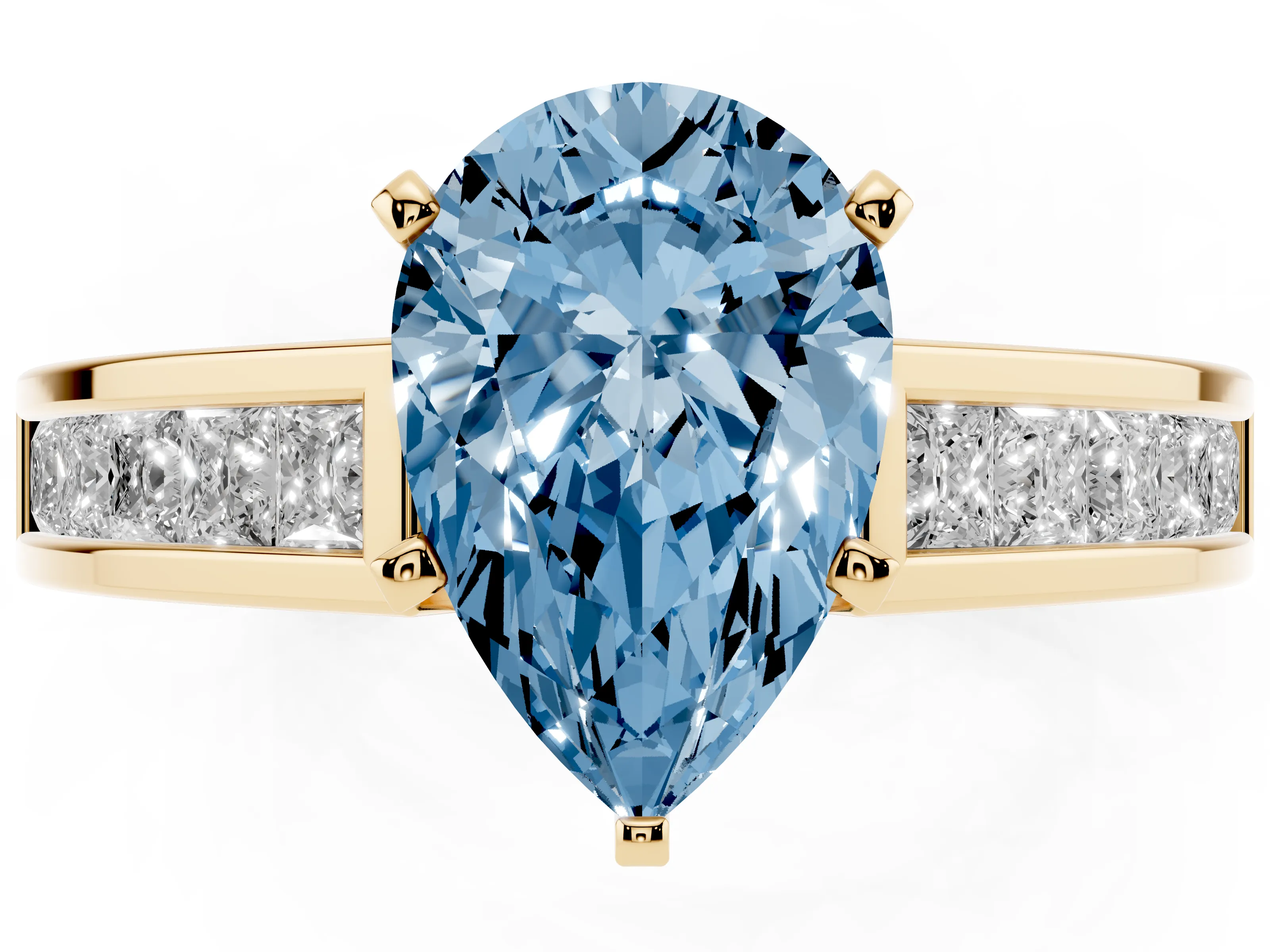 Fancy Blue Pear Cut Diamond Solitaire Ring Set in Yellow gold with Channel-Set Band and Prong Setting