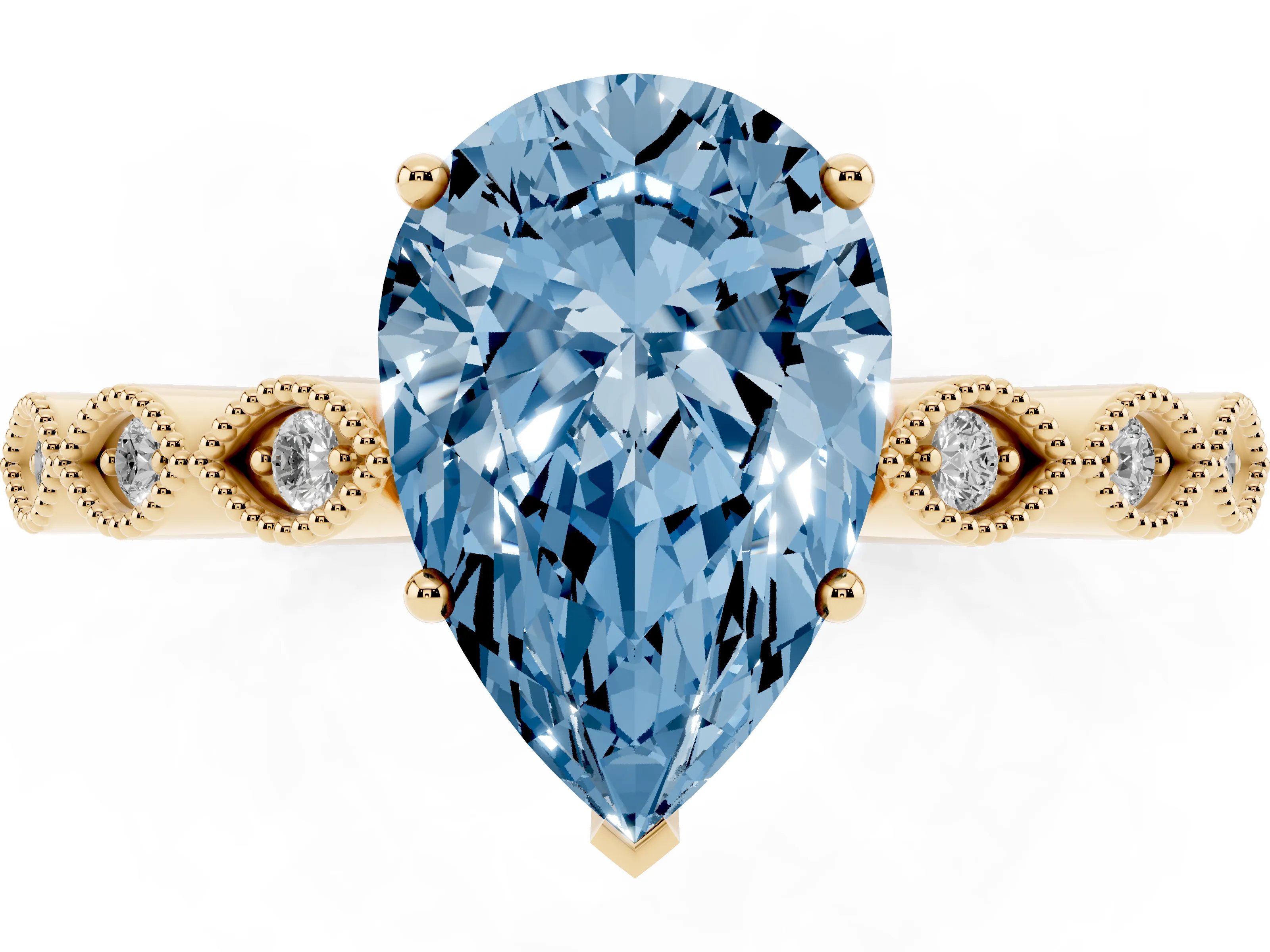 Fancy Blue Pear Cut Diamond Solitaire Ring Set in Yellow gold with Infinity Twist Pavé Band