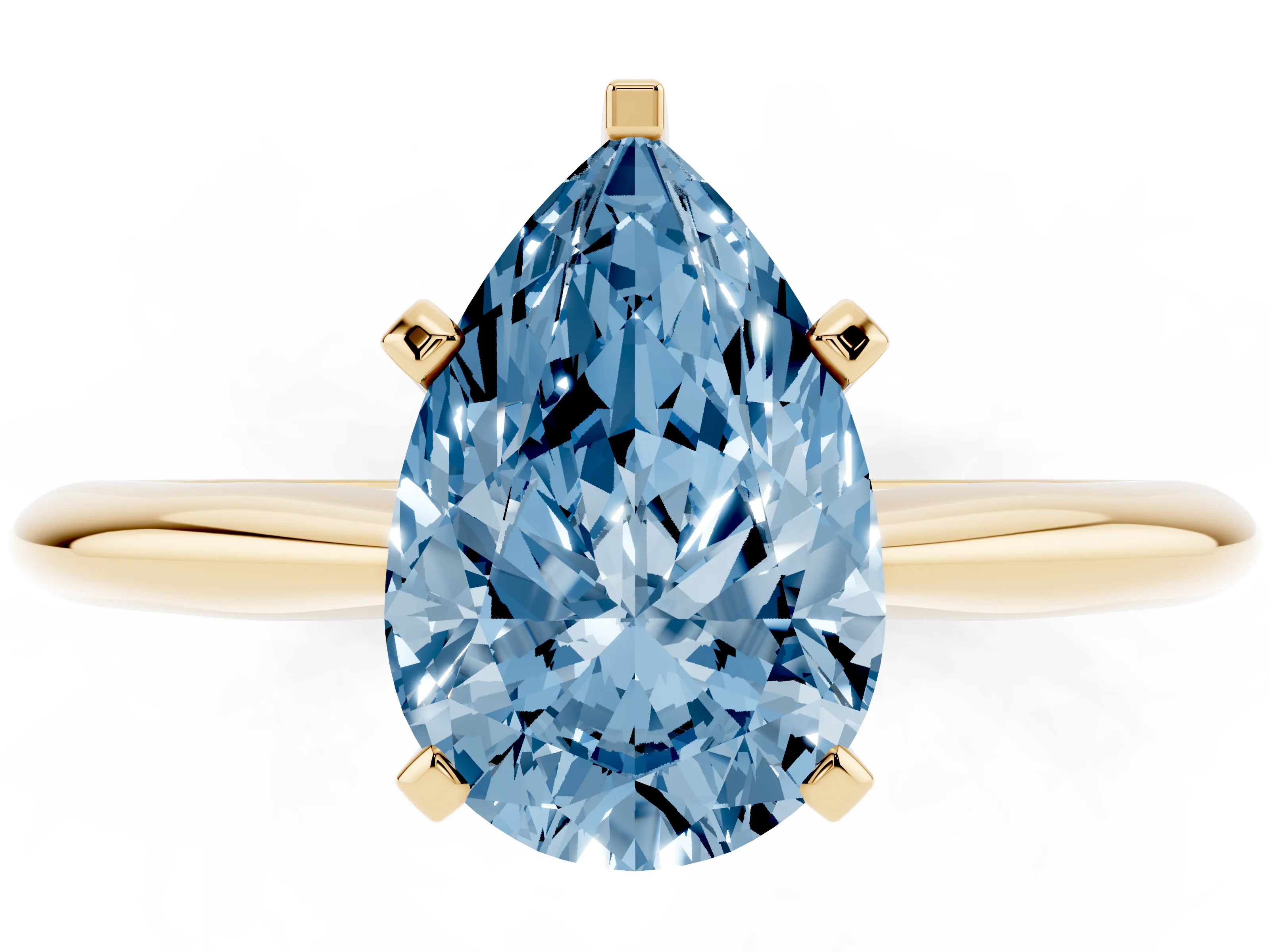 Fancy Blue Pear Cut Diamond Solitaire Ring Set in Yellow gold with Prong Setting on a Plain Round Band