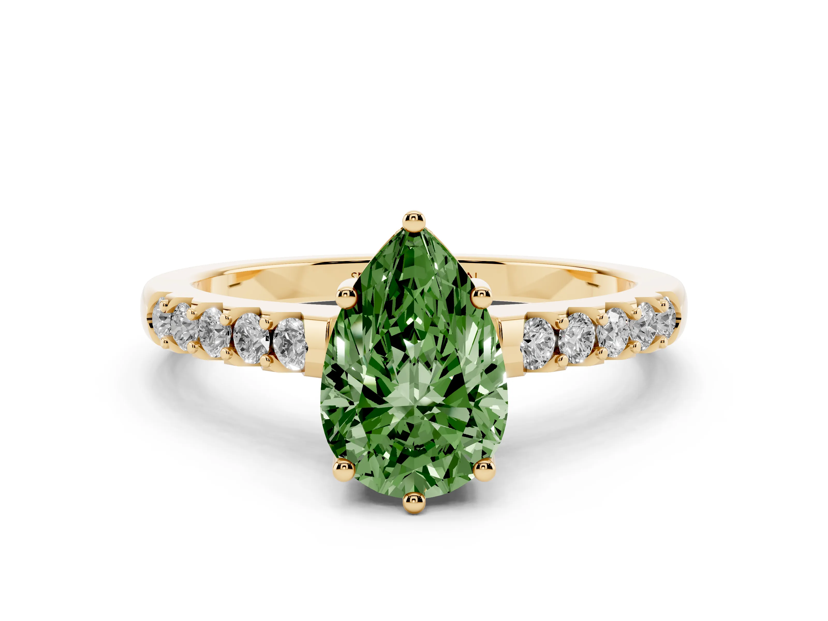 Fancy Green Pear Cut Diamond Solitaire Engagement Ring Set in Yellow gold with Pavé Band and Prong Setting