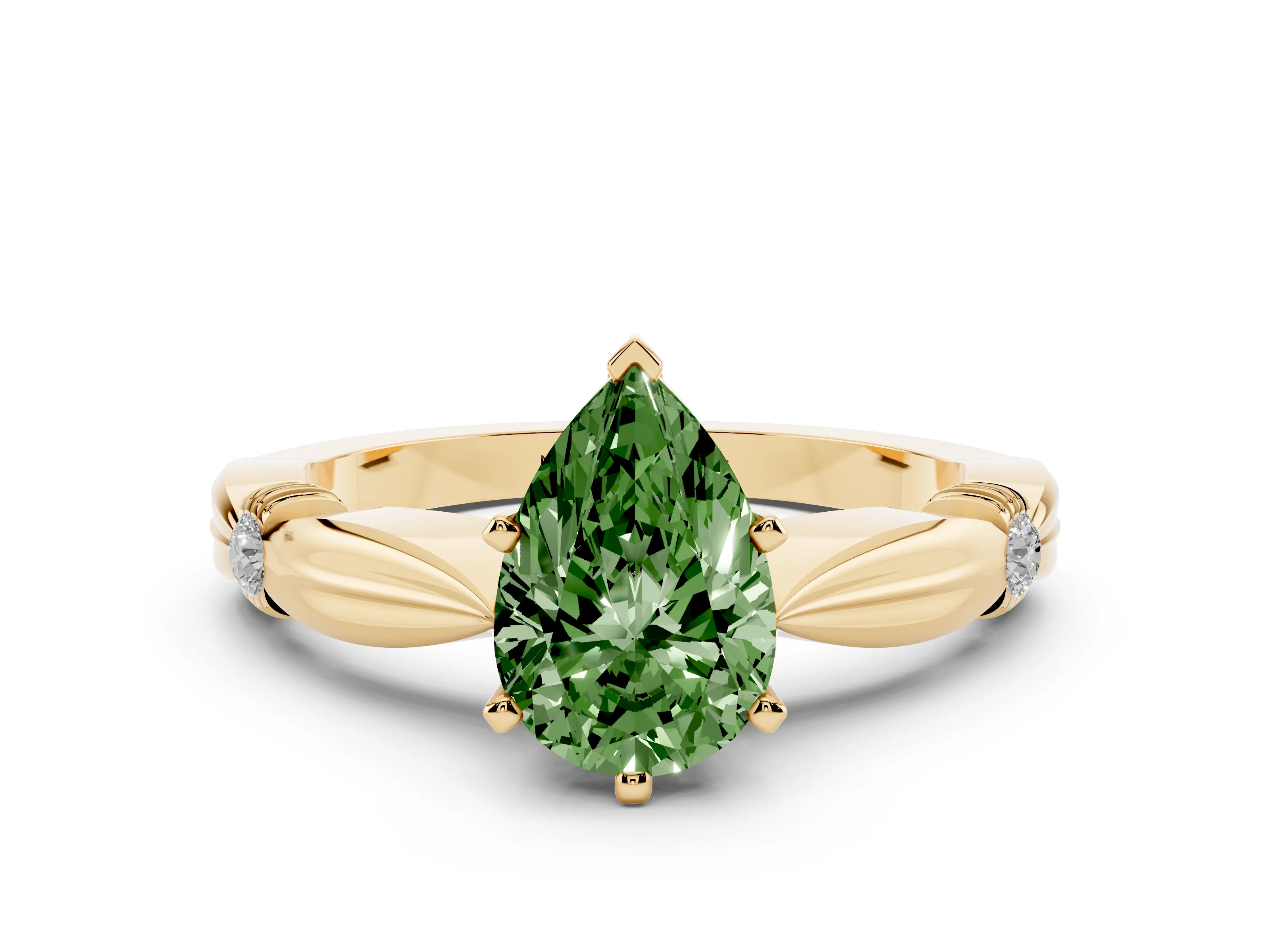 Fancy Green Pear Cut Diamond Solitaire Twisted Band Ring Set in Yellow gold with Accent Stones and Prong Setting
