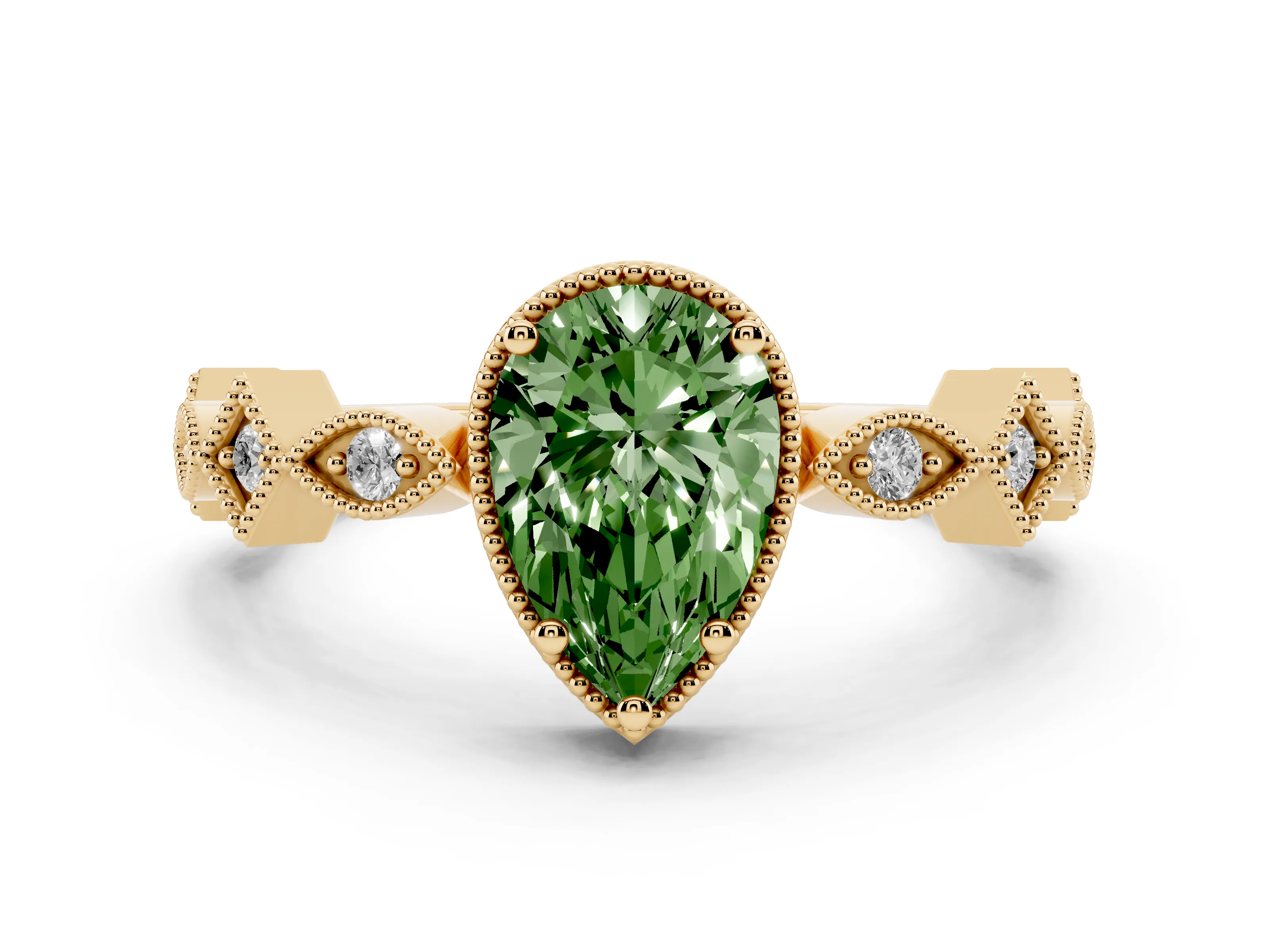 Fancy Green Pear Cut Diamond Milgrain Marquise Twist Band Ring Set in Yellow gold with Prong Setting