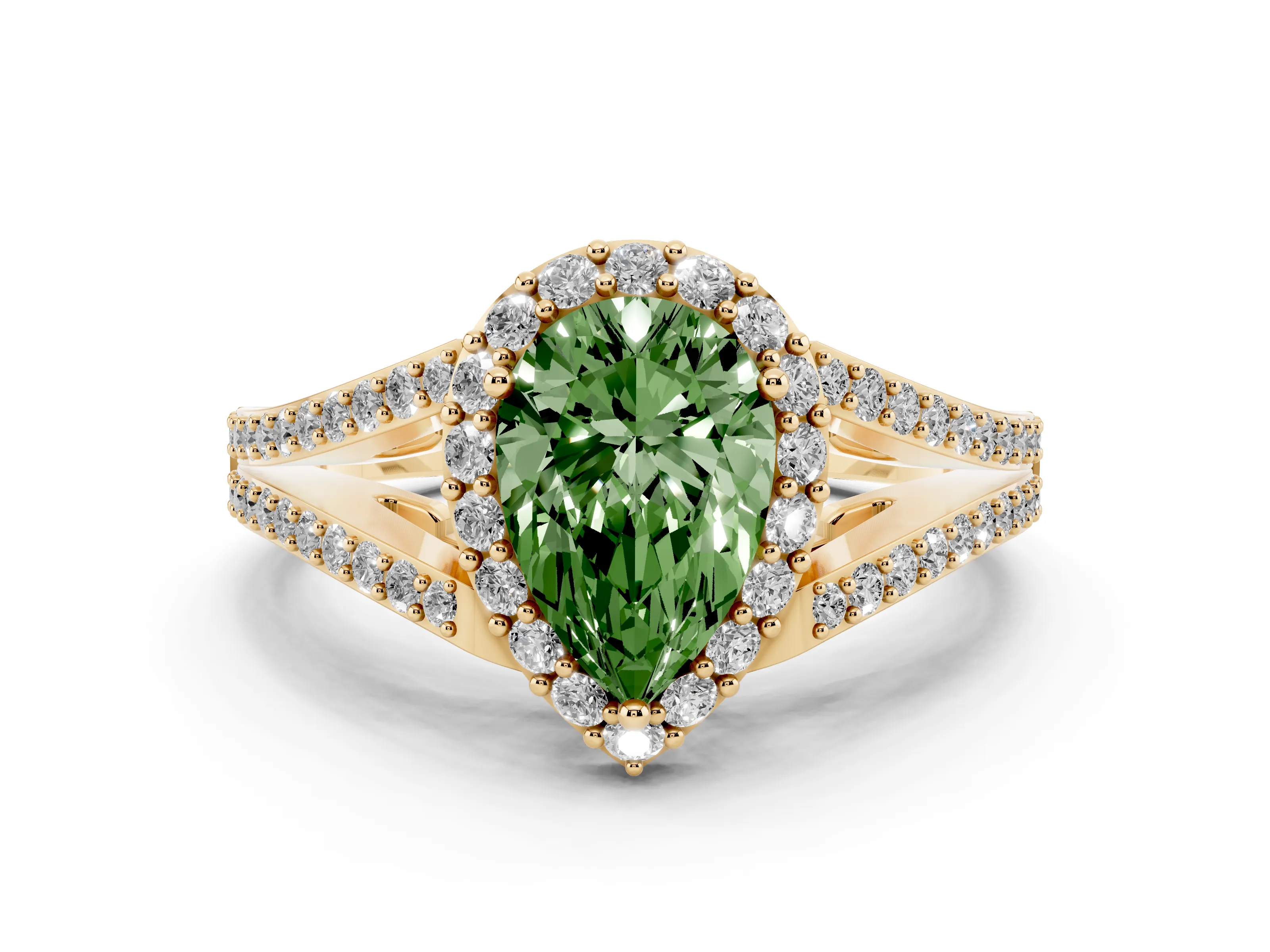 Fancy Green Pear Cut Diamond Halo Split Shank Pavé Ring Set in Yellow gold with Prong Setting