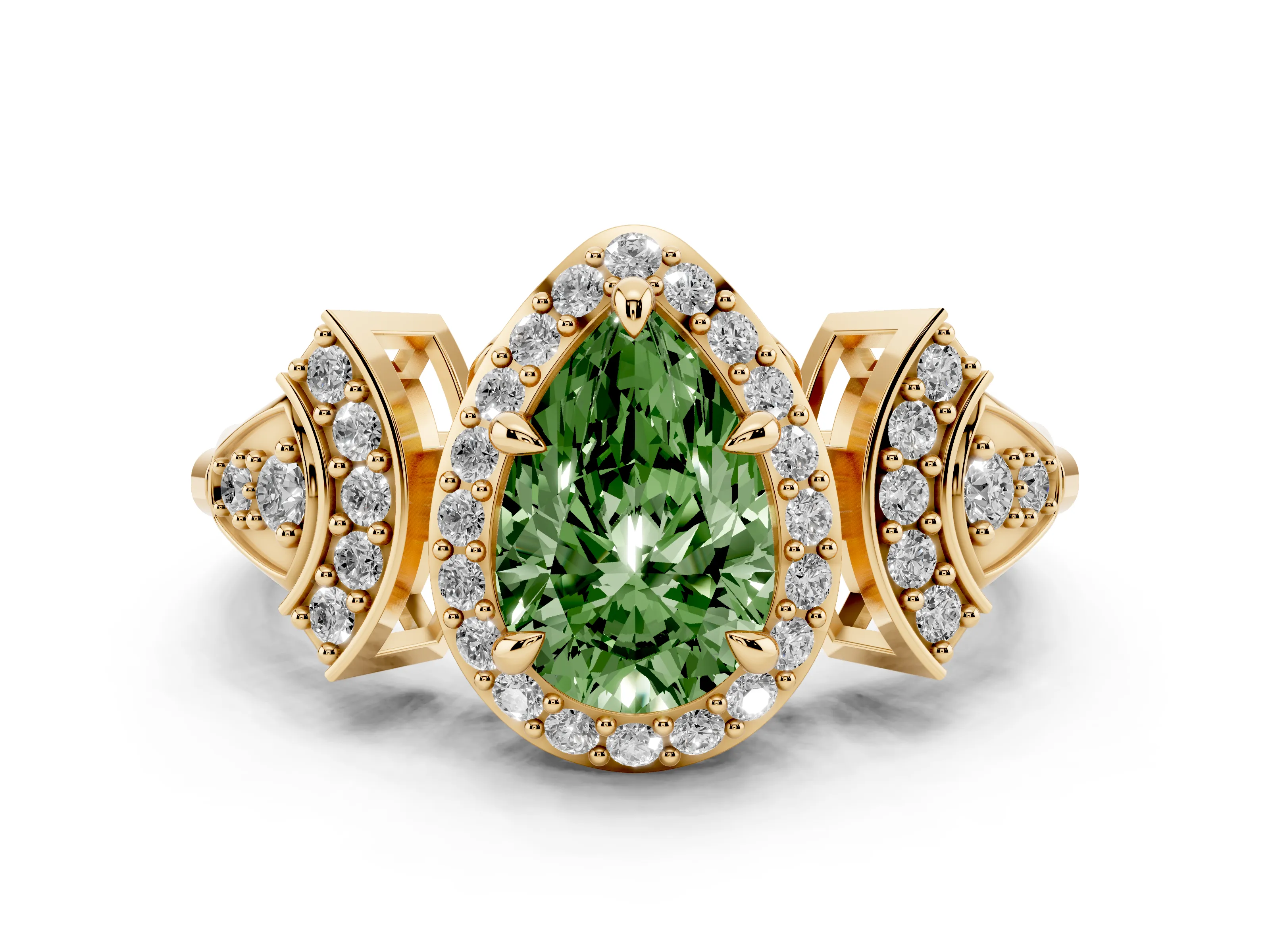 Fancy Green Pear Cut Diamond Halo Engagement Ring Set in Yellow gold with Accent Stone Split Shank