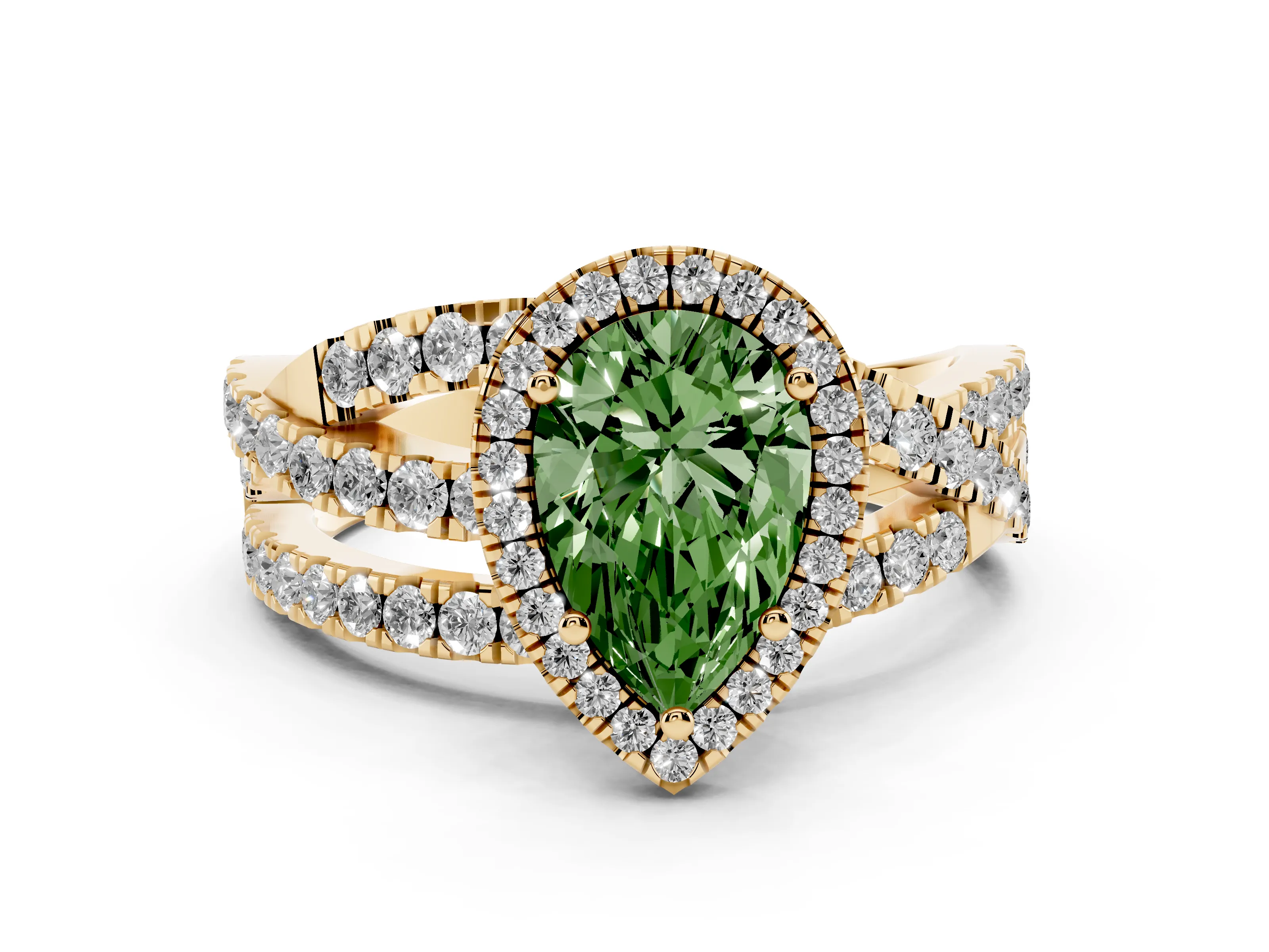 Fancy Green Pear Cut Diamond Halo Ring Set in Yellow gold with Round Crossover Split Shank and Prong Setting