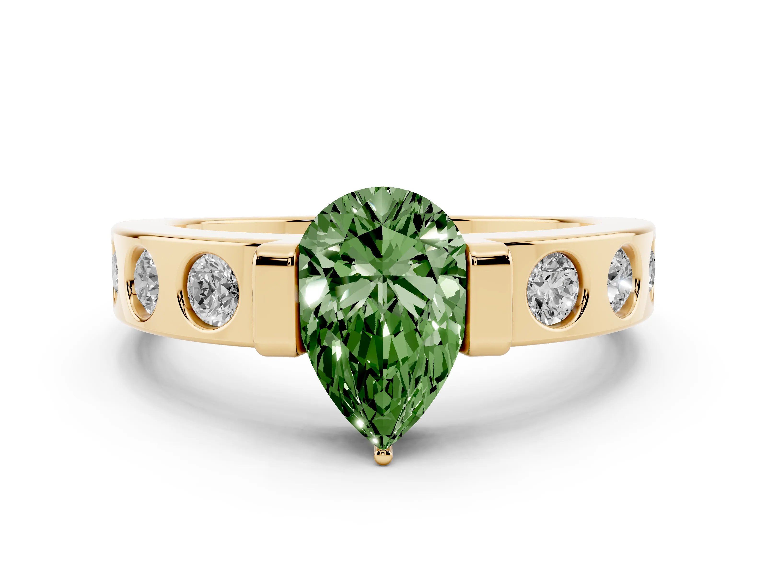 Fancy Green Pear Cut Diamond Channel-Set Band Ring Set in Yellow gold with Bezel Prong Setting