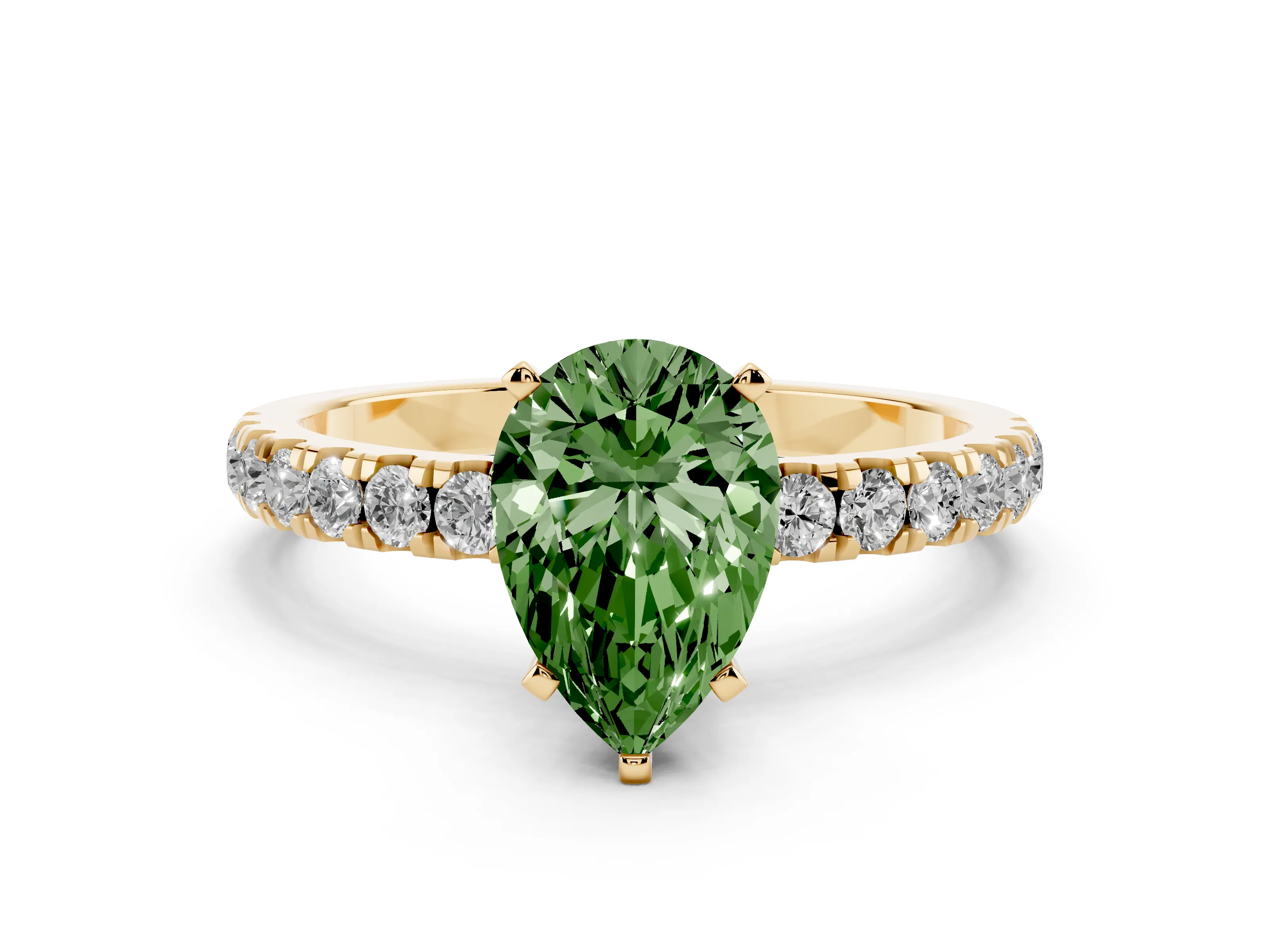 Fancy Green Pear Cut Diamond Solitaire Ring Set in Yellow gold with Pavé Accents and Prong Setting