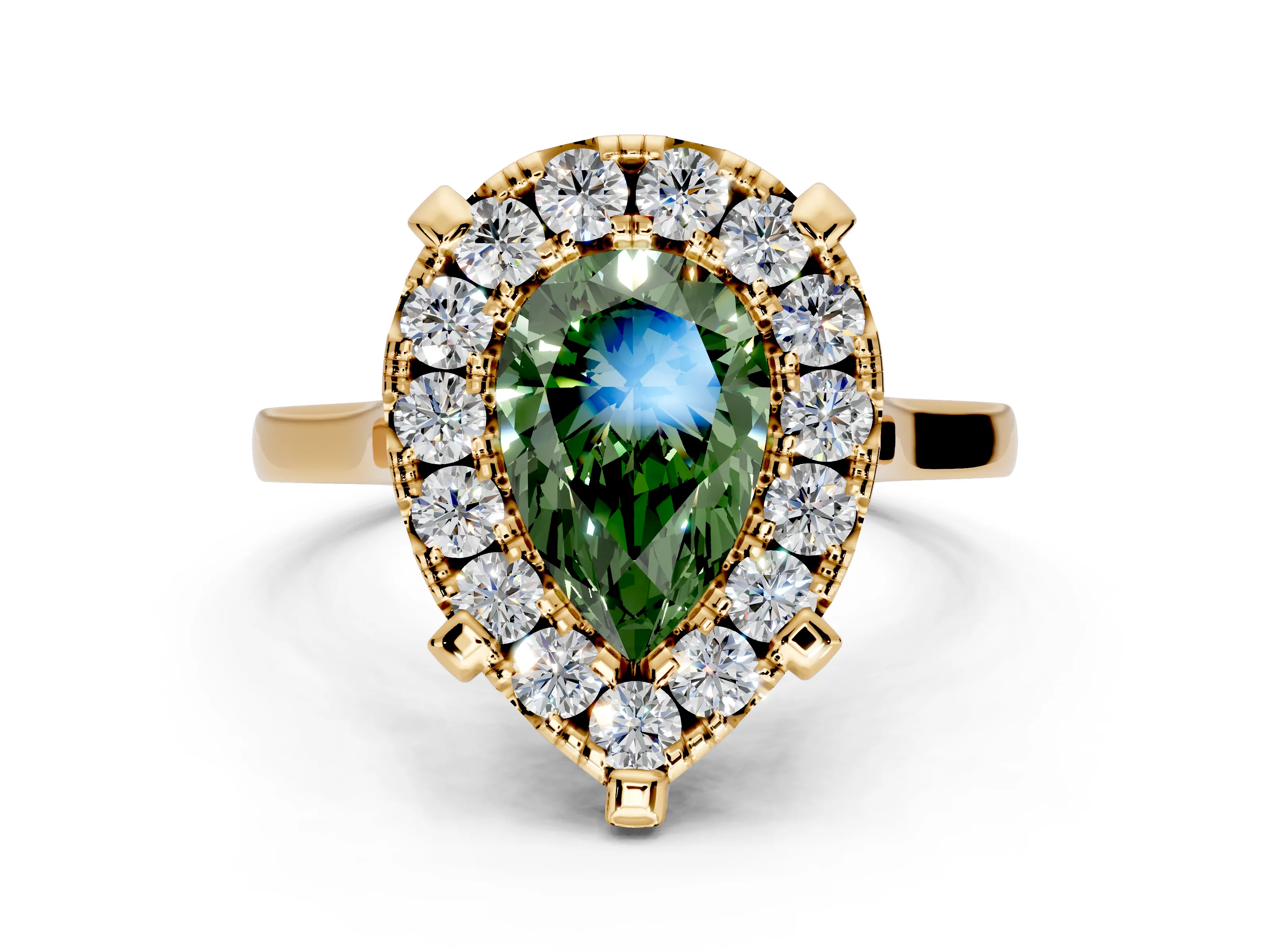 Single Halo Engagement Ring Setting for Fancy Green Pear-Shaped Center with Corner Claws, Plain Band and Prong Head in Yellow Gold