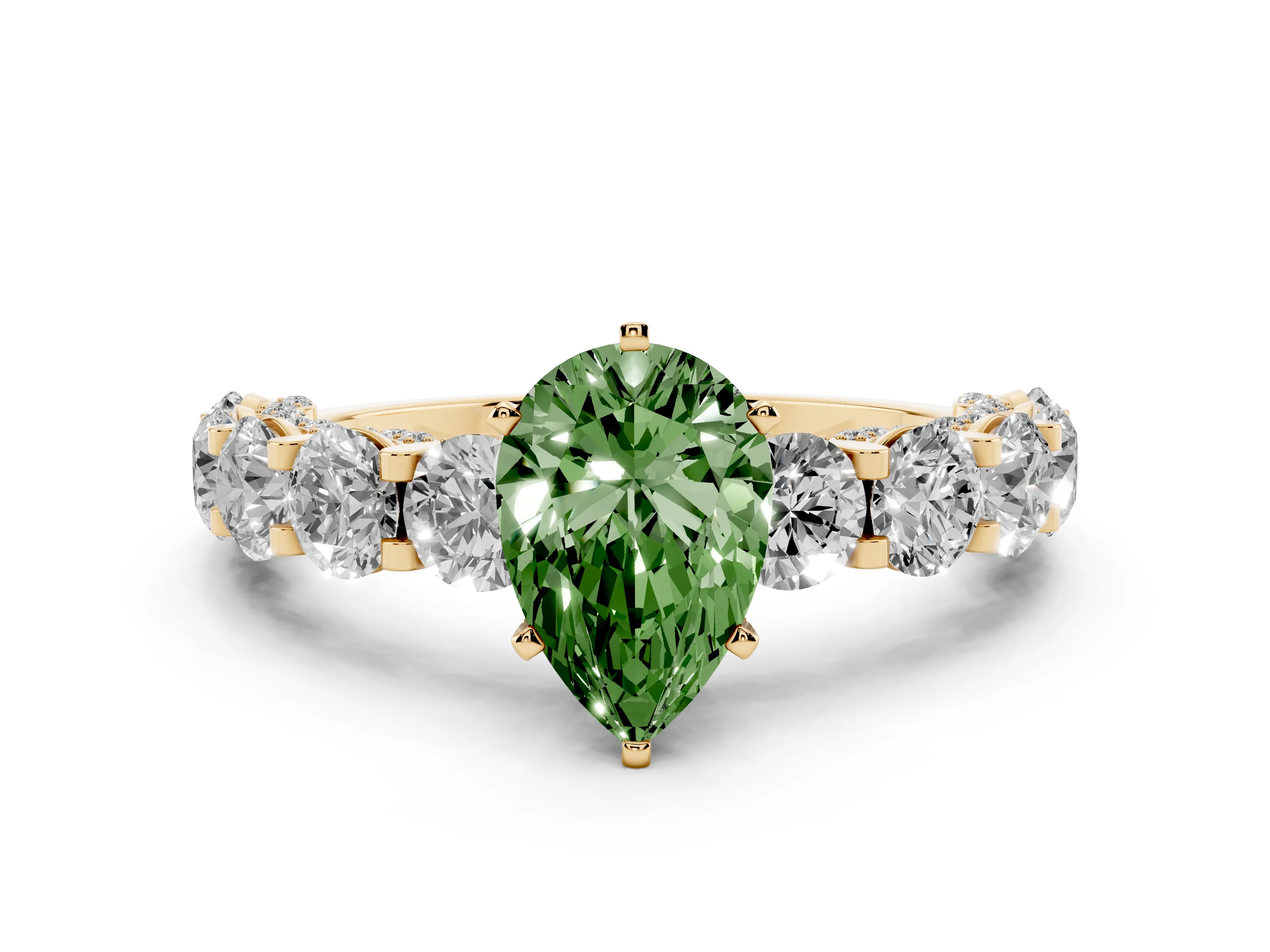 Fancy Green Pear Cut Diamond Side Stone Ring Set in Yellow gold with Alternating Round and Oval Side Stones