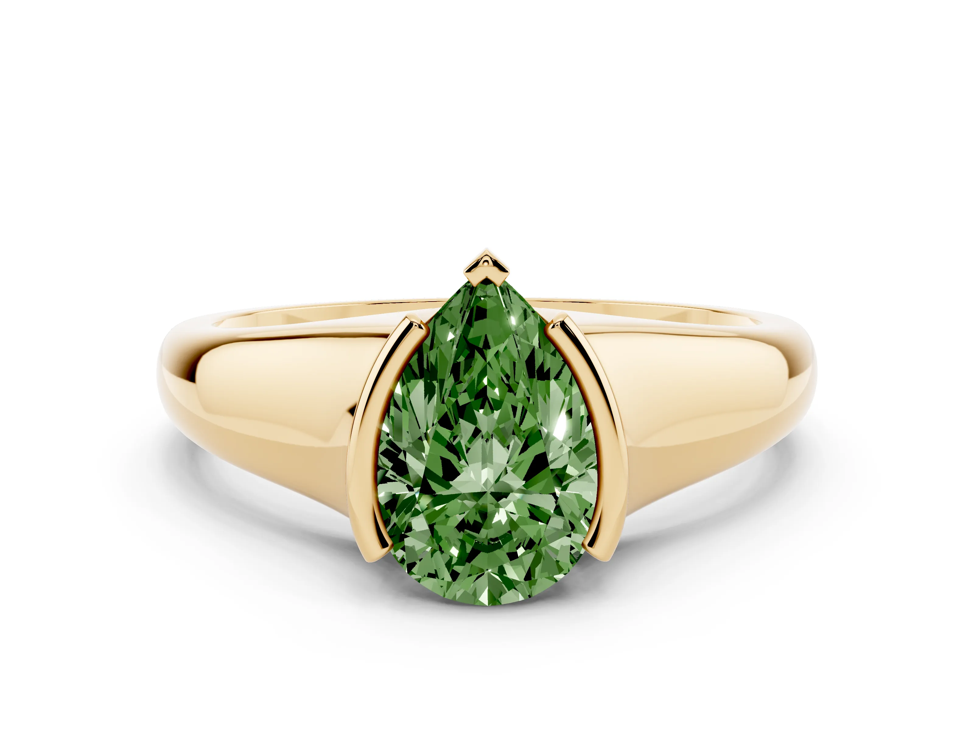 Fancy Green Pear Cut Diamond Solitaire Tension Set Ring Set in Yellow gold with Split Shank Band