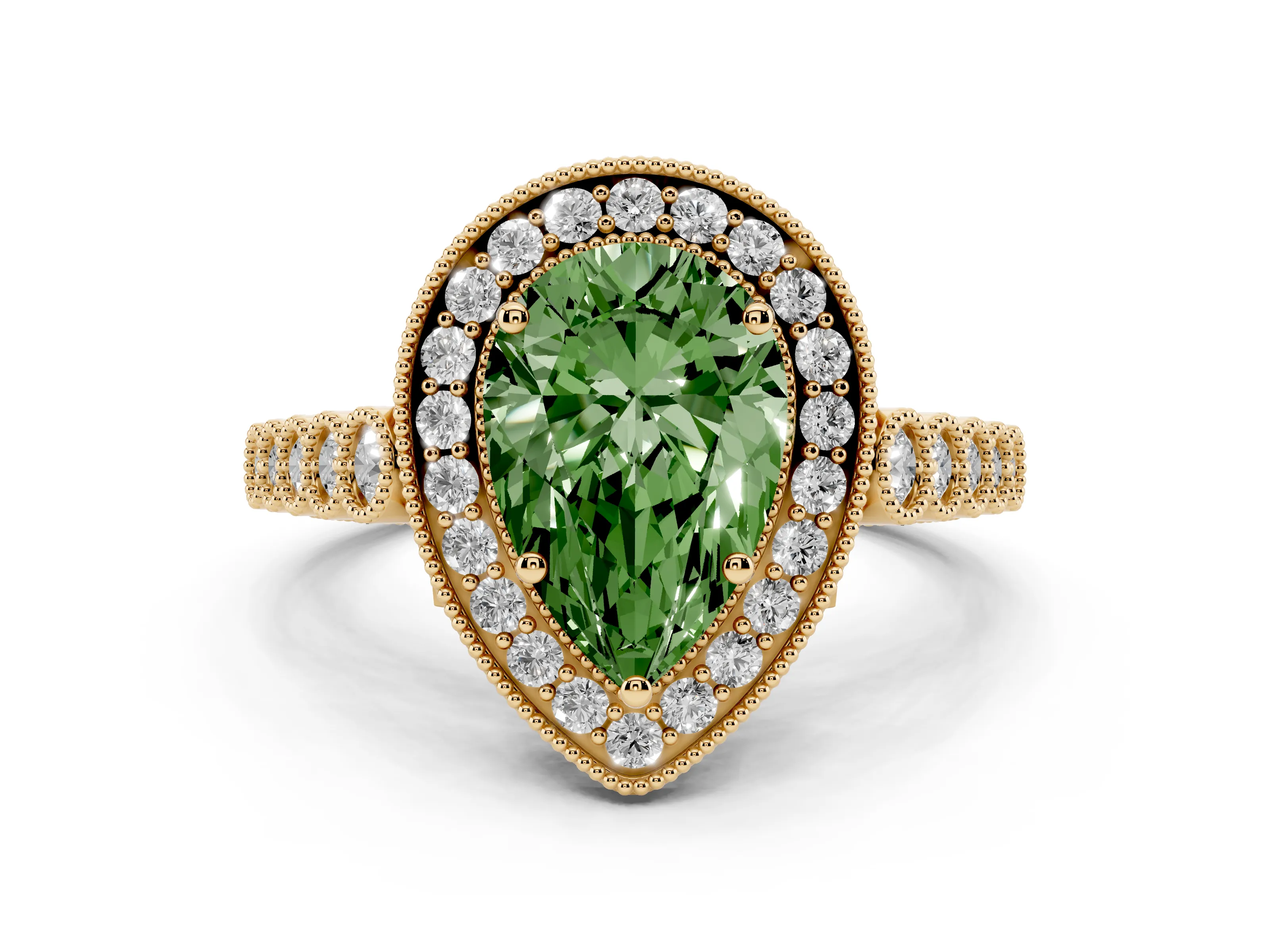 Fancy Green Pear Cut Diamond Milgrain Halo Solitaire Ring Set in Yellow gold with Bezel Set Side Stones and Pavé Band