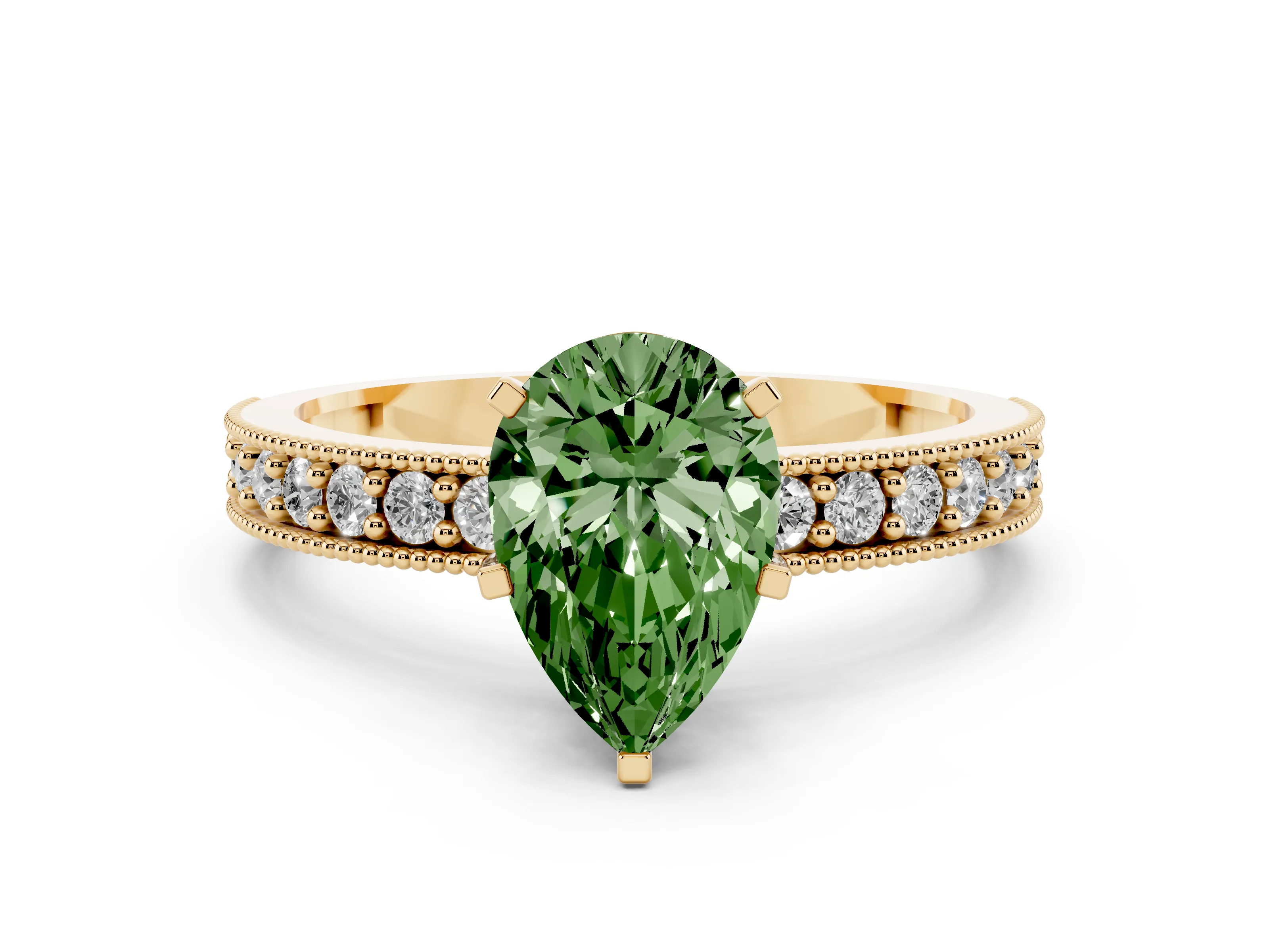 Fancy Green Pear Cut Diamond Milgrain Pavé Engagement Ring Set in Yellow gold with Prong Setting