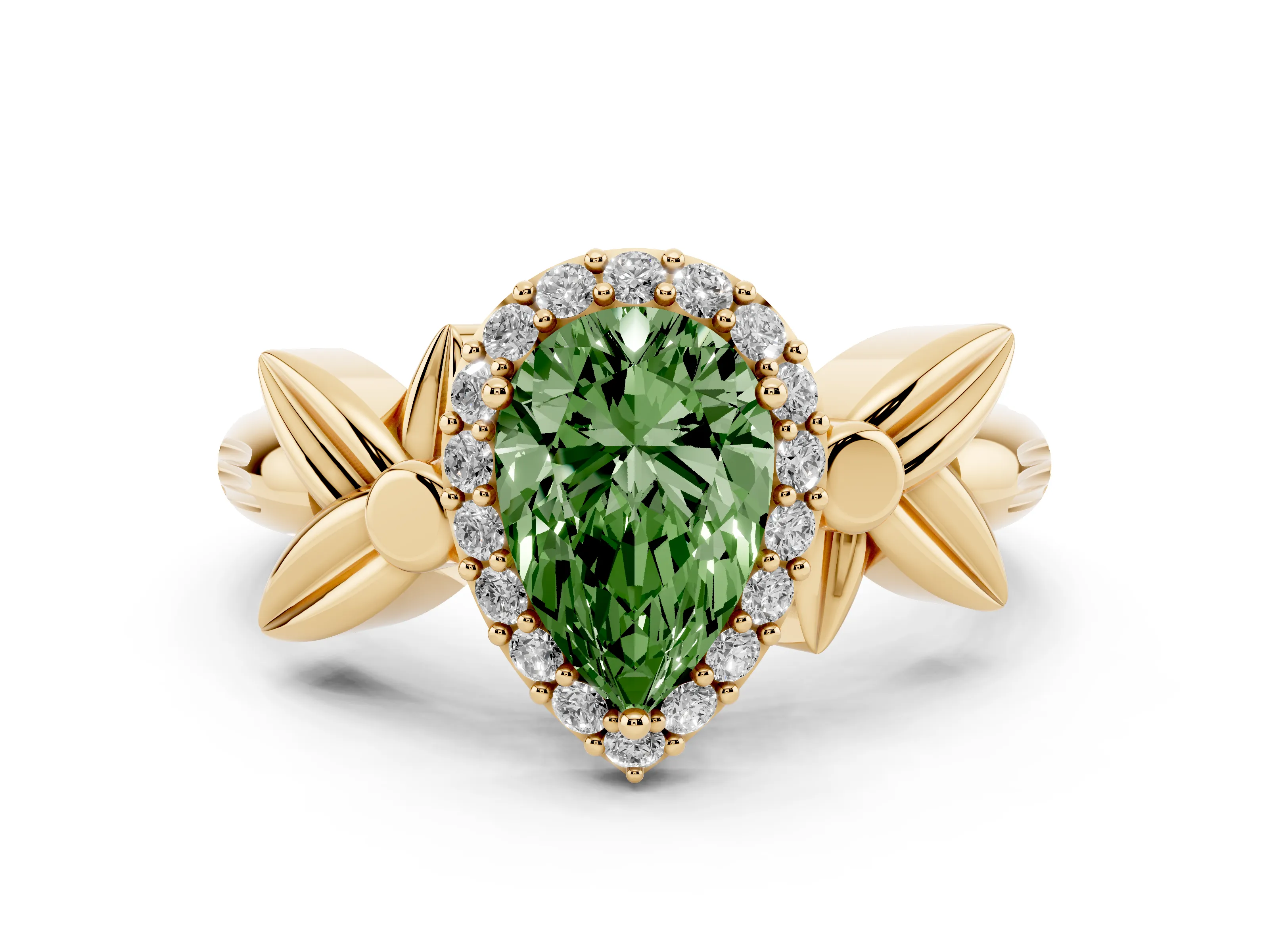 Fancy Green Pear Cut Diamond Halo Floral Band Ring Set in Yellow gold with Prong Setting