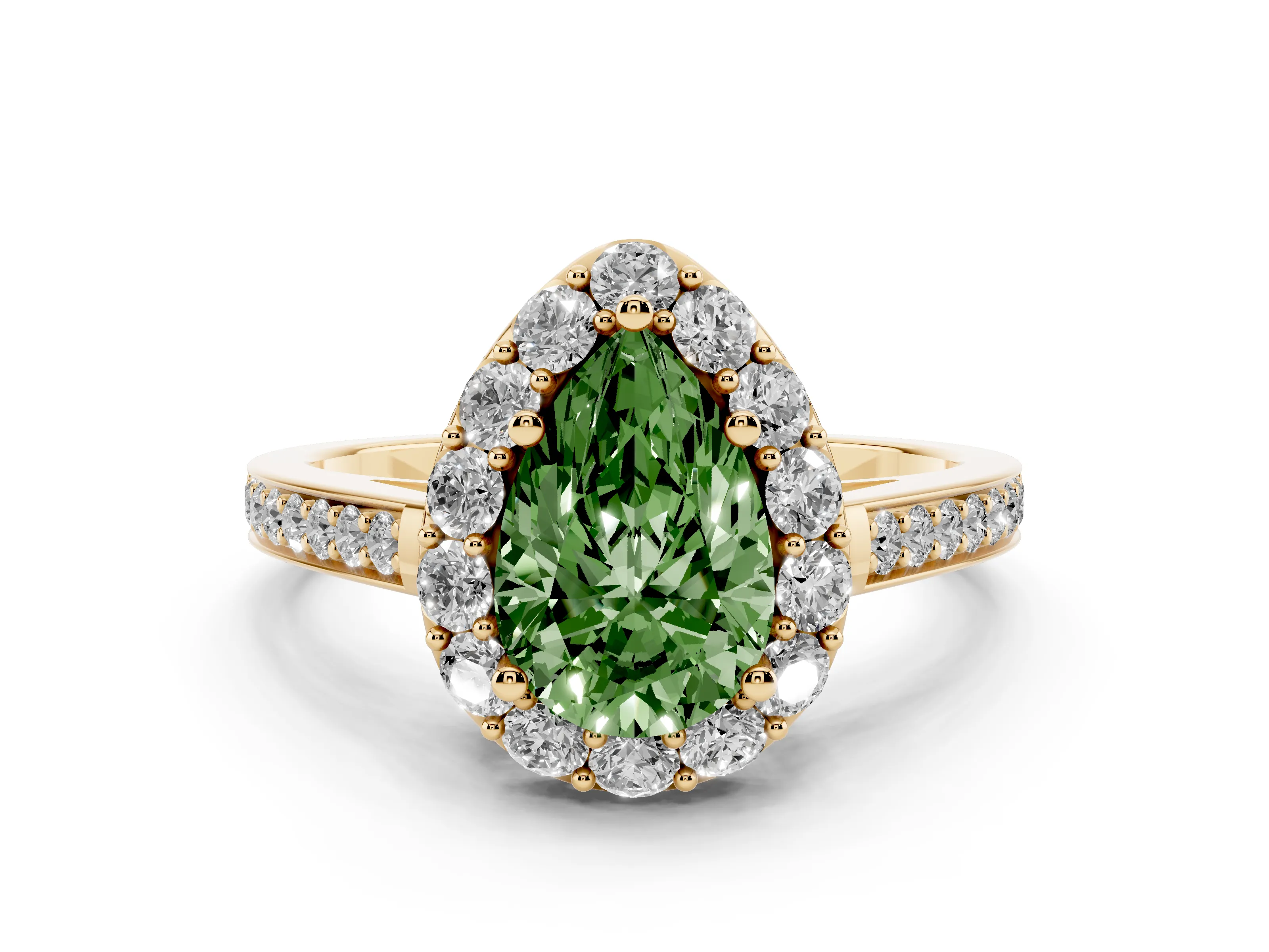 Fancy Green Pear Cut Diamond Floral Halo Ring Set in Yellow gold with Pavé Band and Prong Setting